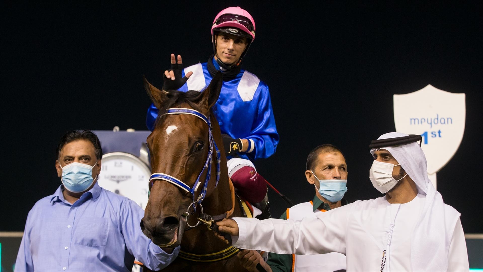 Mutarafaa (IRE) (Musabbeh Al Mheiri - Antonio Fresu) wins the Al Tayer Motors Handicap Sponsored By Al Tayer Motors race at the Eleventh Racing at Meydan meeting on April 8, 2021. (Credit: DRC // ER)