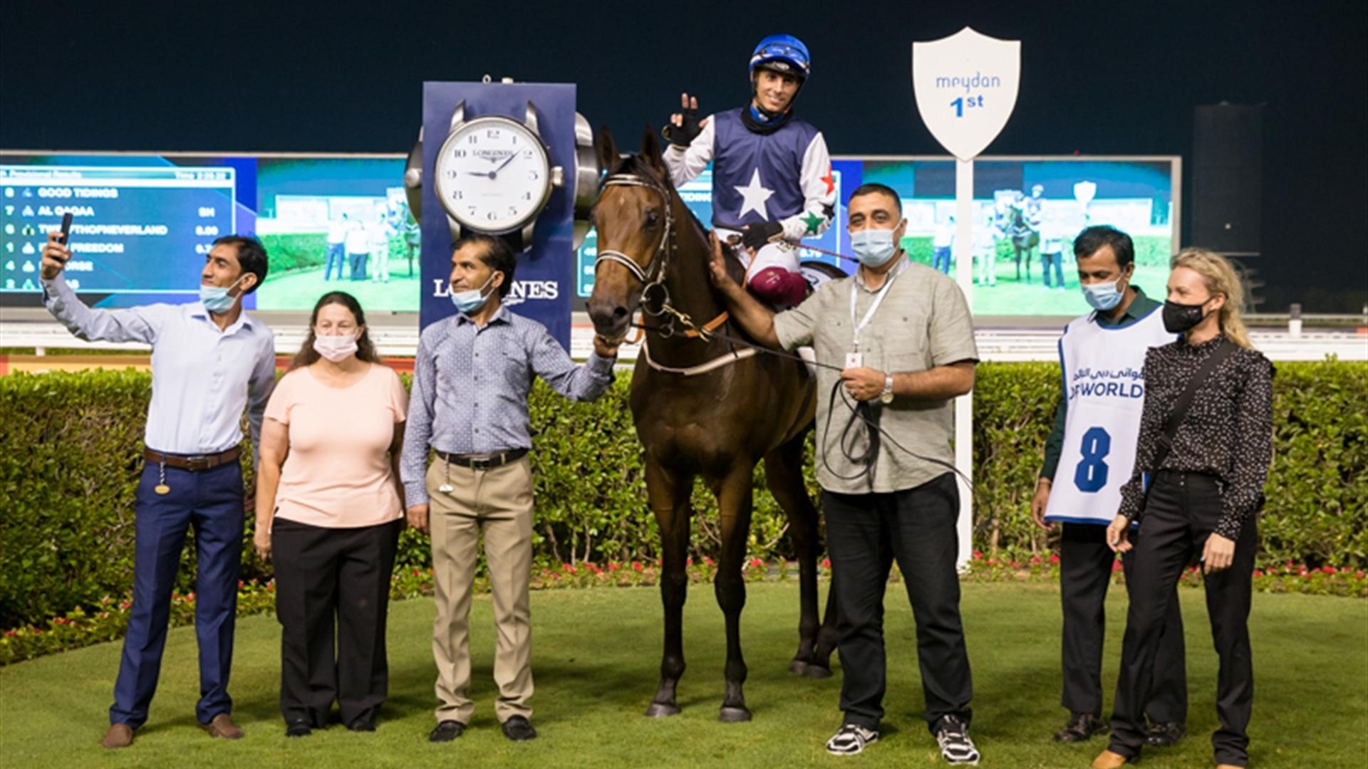 Good Tidings (FR) (Musabbeh Al Mheiri - Antonio Fresu) the DP World Handicap Sponsored By DP World at the Eleventh Racing at Meydan meeting on April 8, 2021.(Credit:Dubai Racing Club//Erika Rasmussen)