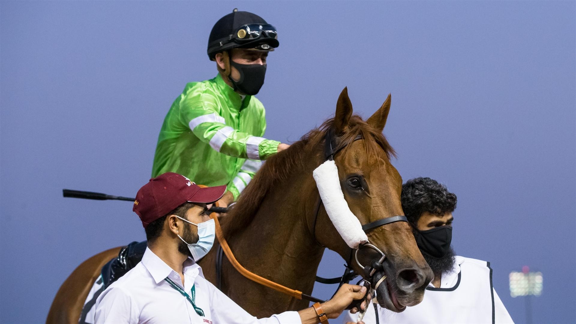 Bochart (GB) (Satish Seemar - Fabrice Veron) wins the Gulf News Handicap Sponsored By Gulf News at the Eleventh Racing at Meydan meeting on April 8, 2021. (Credit:Dubai Racing Club // Erika Rasmussen)