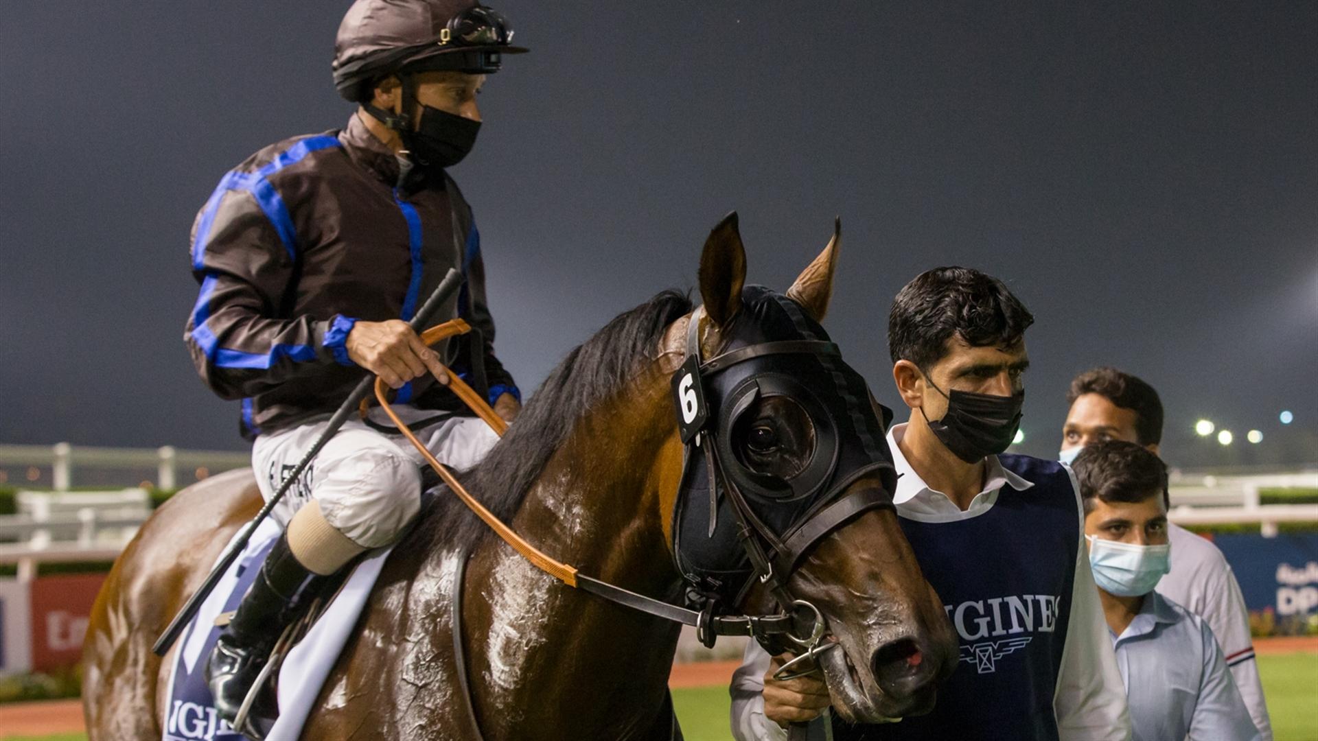 Rare Ninja (USA) (Salem bin Ghadayer - Royston Ffrench) wins the Longines Stakes Presented By Longines race at the Eleventh Racing at Meydan meeting on April 8, 2021. (Credit: DRC // Erika Rasmussen)