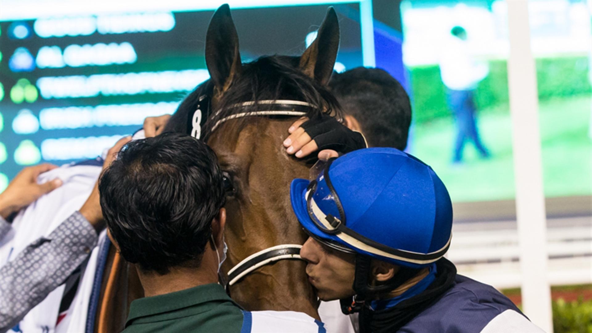 Good Tidings (FR) (Musabbeh Al Mheiri - Antonio Fresu) the DP World Handicap Sponsored By DP World at the Eleventh Racing at Meydan meeting on April 8, 2021.(Credit:Dubai Racing Club//Erika Rasmussen)