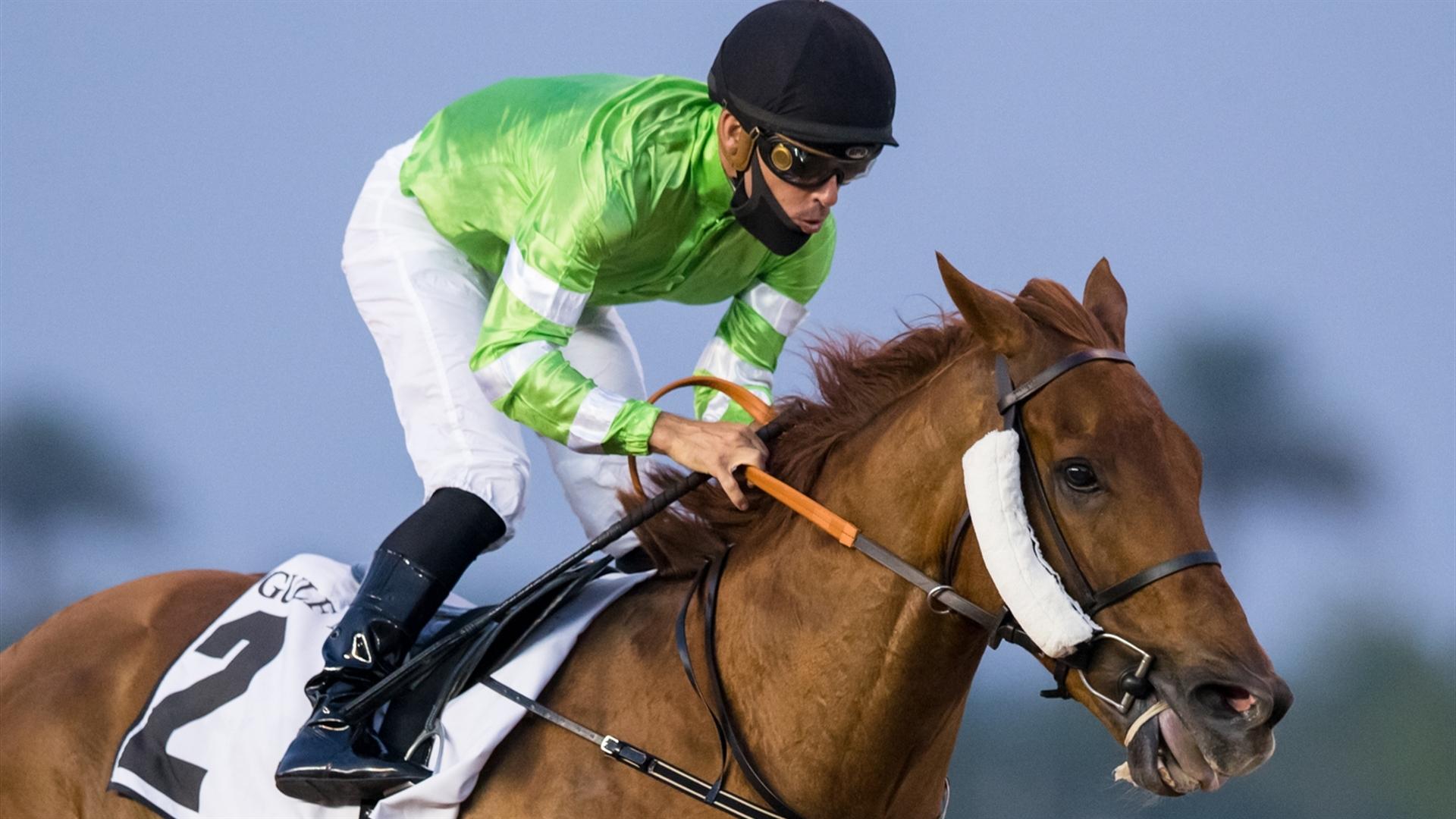 Bochart (GB) (Satish Seemar - Fabrice Veron) wins the Gulf News Handicap Sponsored By Gulf News at the Eleventh Racing at Meydan meeting on April 8, 2021. (Credit:Dubai Racing Club // Erika Rasmussen)