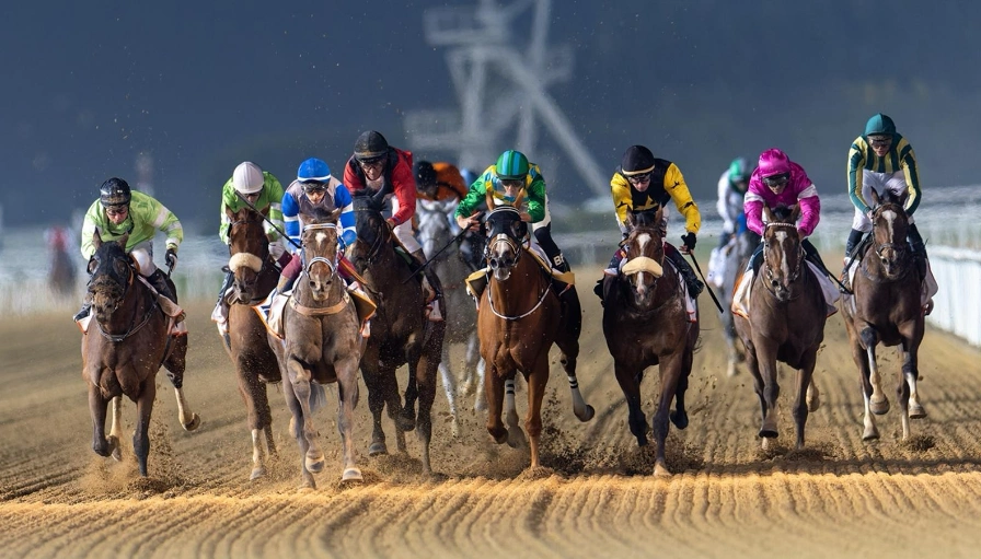 Racehorses competing on dirt track