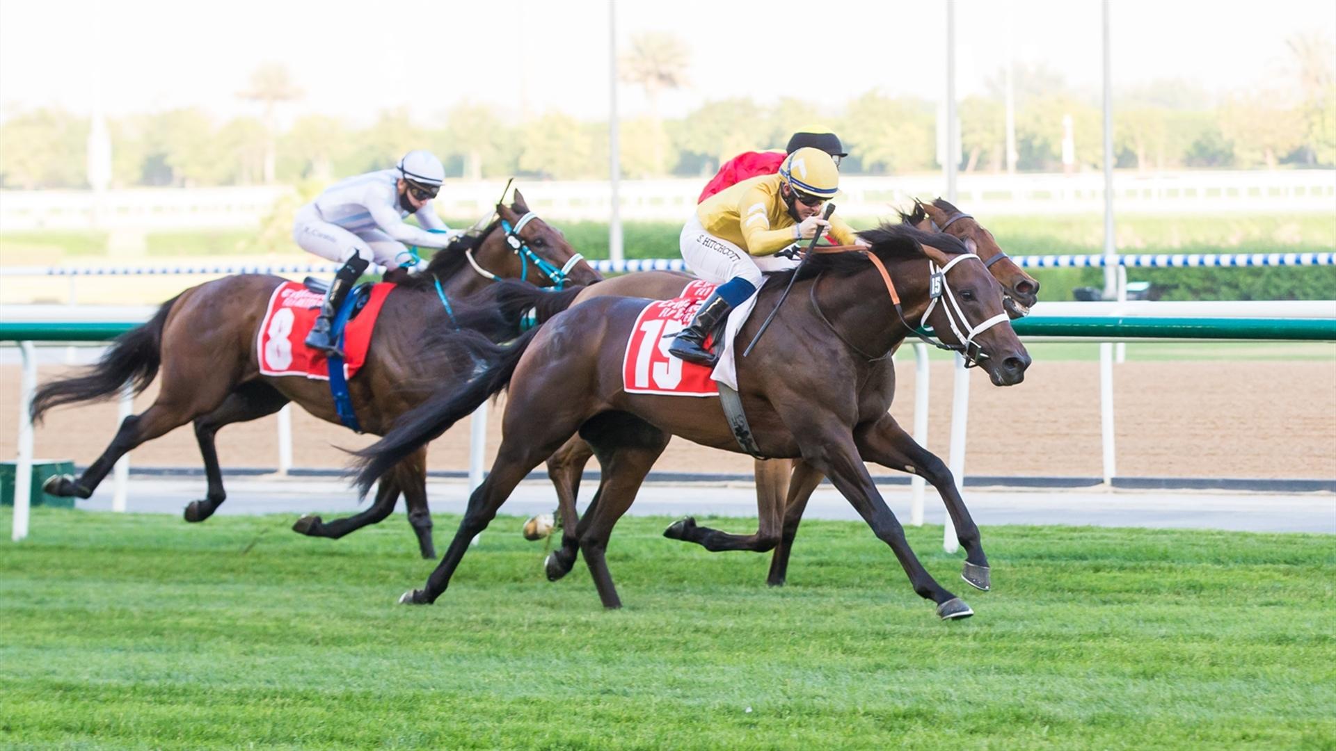 McManaman (IRE) (Doug Watson - Sam Hitchott) wins the Emirates Stakes Sponsored By Emirates Airline race at the Eleventh Racing at Meydan meeting on April 8, 2021. (Credit: DRC // Erika Rasmussen)