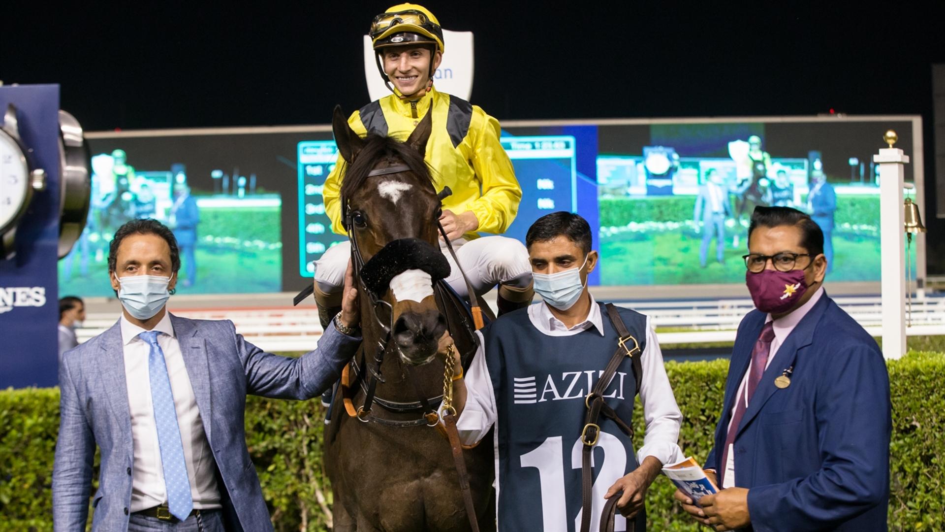 Sharamm (IRE)(Satish Seemar - Ryan Curatolo) the Al Furjan By Azizi - 1400m, handicap dirt race at the tenth Racing at Meydan meeting on March 11, 2021. (Credit: Dubai Racing Club // Erika Rasmussen)