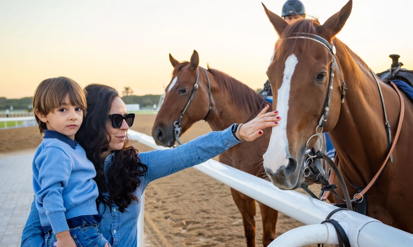 Family meeting racehorses at track