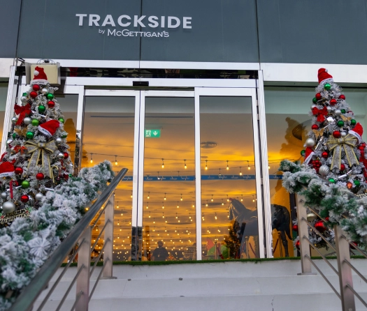 Trackside entrance with festive decor
