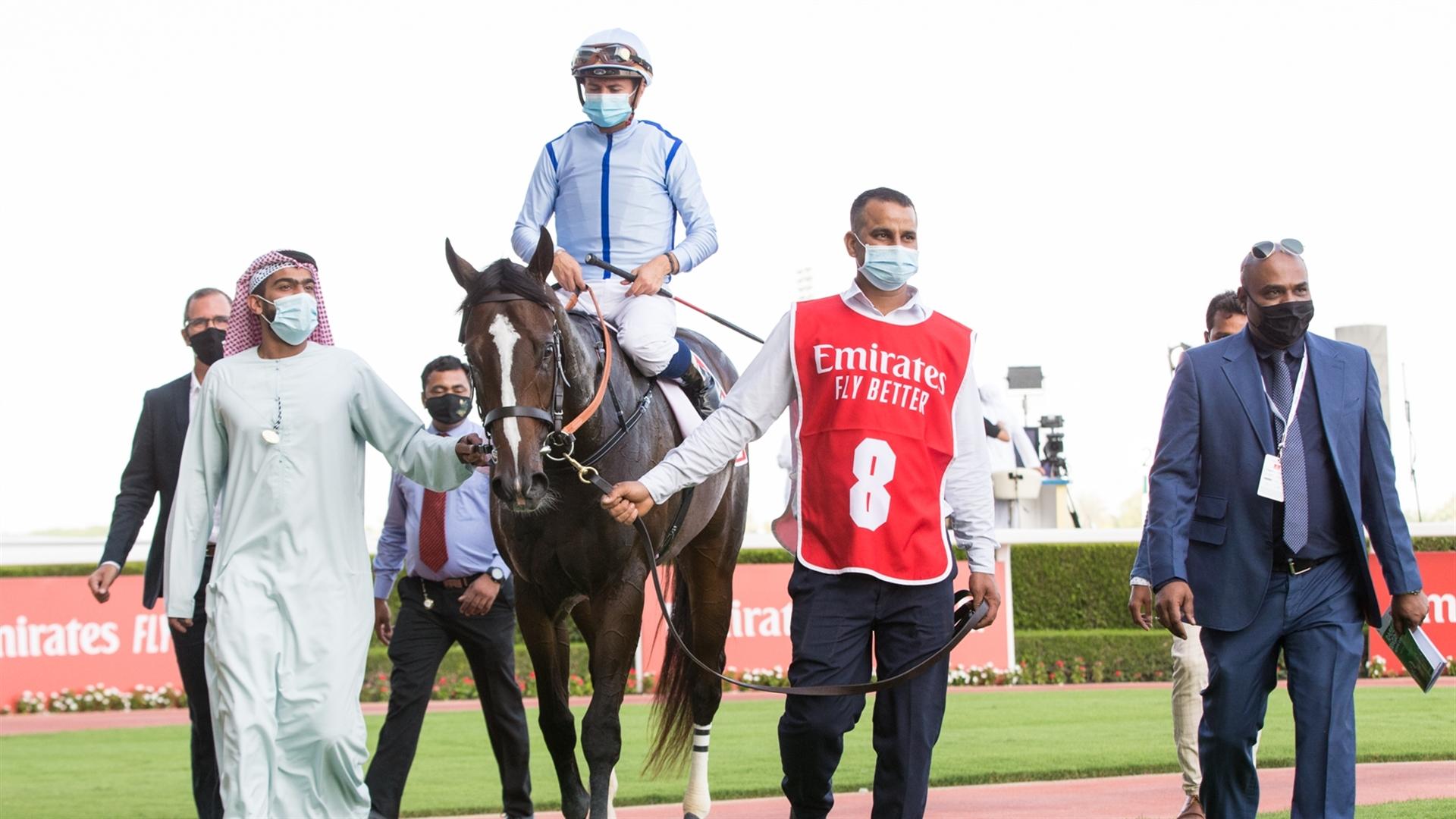 Panadol (USA)(Salem bin Ghadayer-Mickael Barzalona) wins the Al Bastakiya Sponsored By Arabian Adventures at the Super Saturday, 7th DWCC on March 06, 2021. (Credit: Erika Rasmussen//DRC)