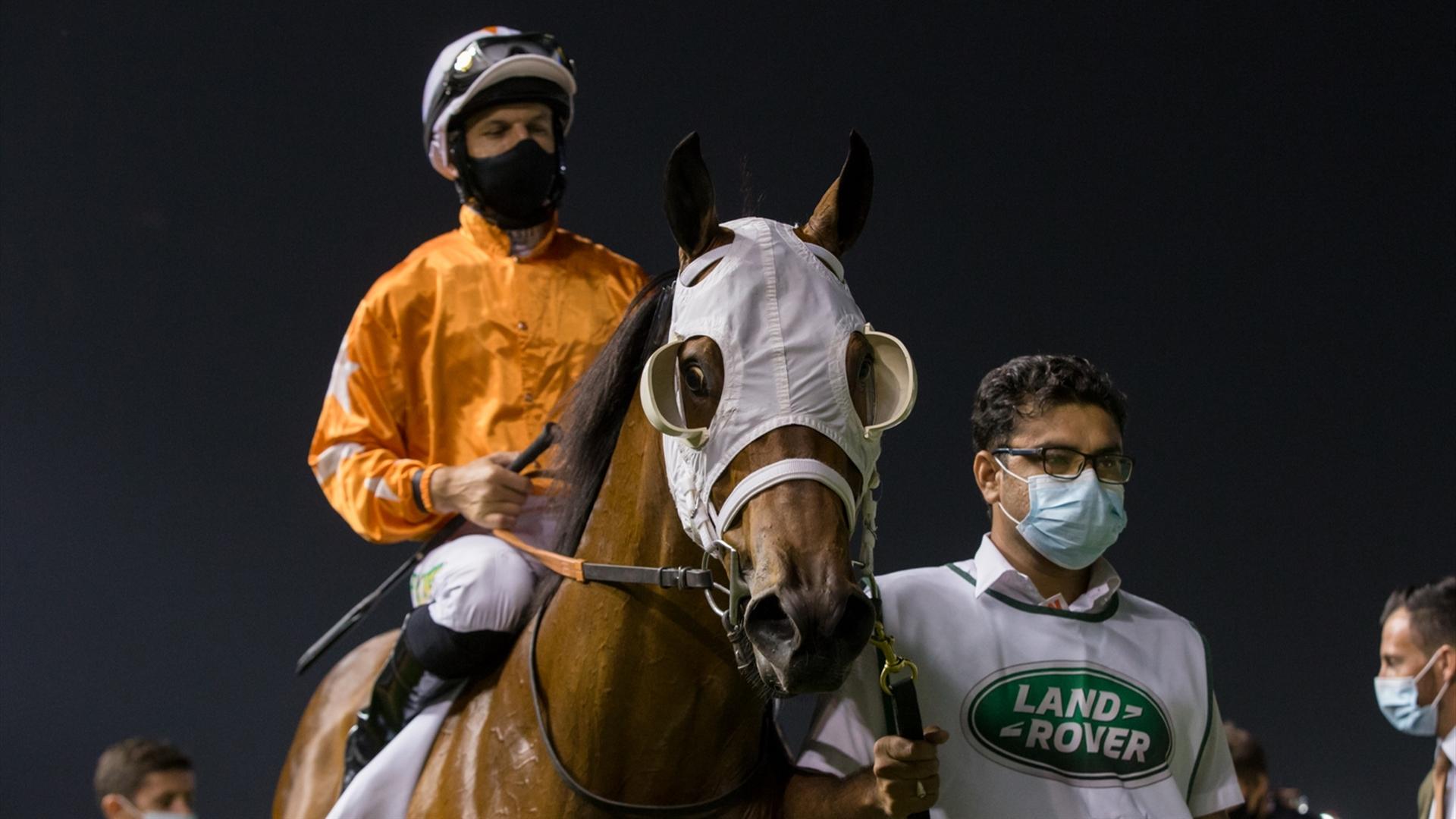 Al Tariq (FR) (Doug Watson - Patrick Dobbs) wins the Al Shindagha Sprint Sponsored By New Land Rover Defender at the Fifth Dubai World Cup Carnival on February 18, 2021. (Credit: Erika Rasmussen//DRC)