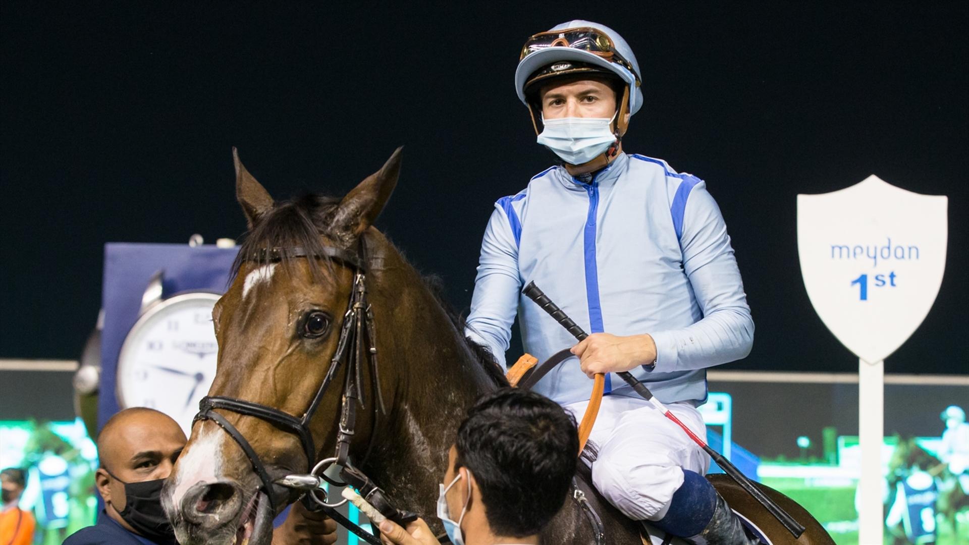 Monoski (USA) (Salem bin Ghadayer - Mickael Barzalona) wins the Longines Spirit Collection Trophy at the ninth Racing at Meydan meeting on February 13, 2021. (Credit: DRC // Erika Rasmussen)
