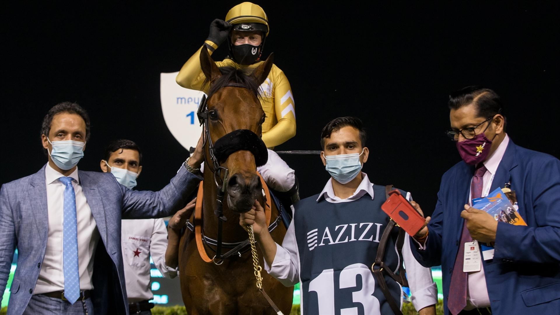 Remorse (IRE) (Satish Seemar - Tadhg O'Shea) wins the Riviera By Azizi - 2000m, dirt race at the tenth Racing at Meydan meeting on March 11, 2021. (Credit: Dubai Racing Club // Erika Rasmussen)