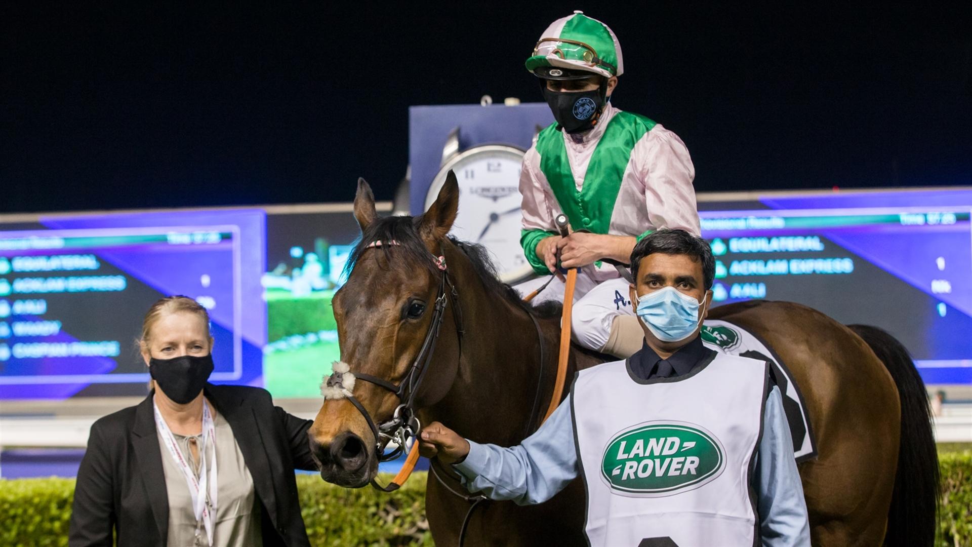 Equilateral(GB) (Charles Hills-Andrea Atzeni) wins the Meydan Sprint Sponsored By Land Rover, Group 2 race at the Fifth Dubai World Cup Carnival on February 18, 2021. (Credit: Erika Rasmussen//DRC)