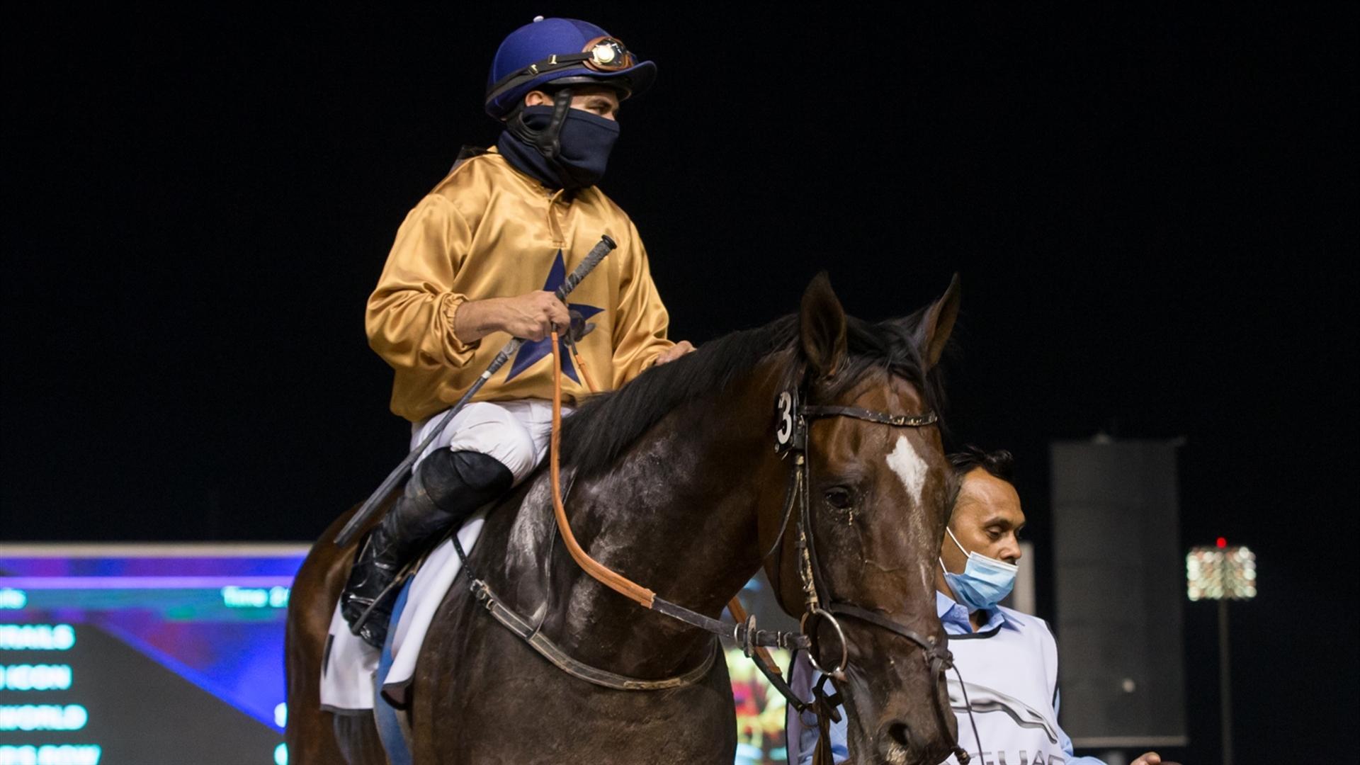 New Trails (USA) (Ahmad bin Harmash - Fernando Jara) wins the Curlin Stakes Sponsored By New Jaguar F-Pace at the Fifth Dubai World Cup Carnival on February 18, 2021. (Credit: Erika Rasmussen//DRC)