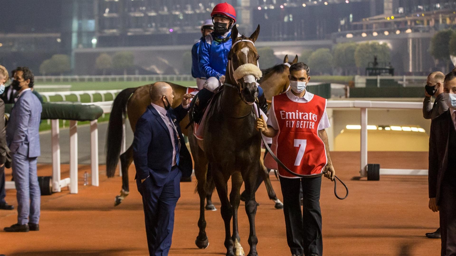 Motafaawit (IRE) (Doug Watson - Sam Hitchcott) wins the Emirates Skywards Handicap, 1000m race at the fourth Dubai World Cup Carnival on February 11, 2021. (Credit:Erika Rasmussen//Dubai Racing Club)