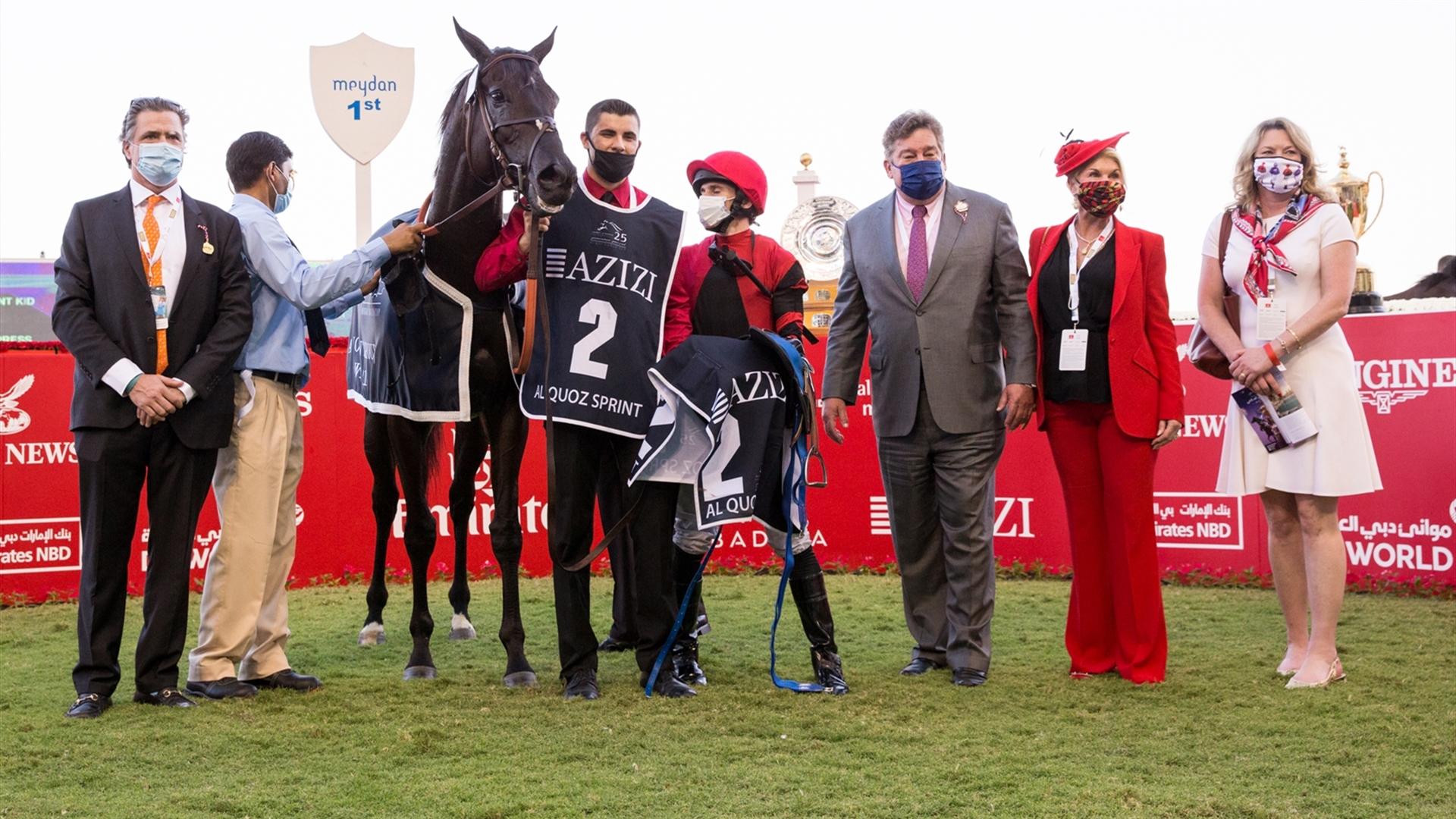 Extravagant Kid (USA) (Brendan Walsh - Ryan Moore) wins the Al Quoz Sprint Sponsored By Azizi Developments. (Credit Dubai Racing Club // Erika Rasmussen)