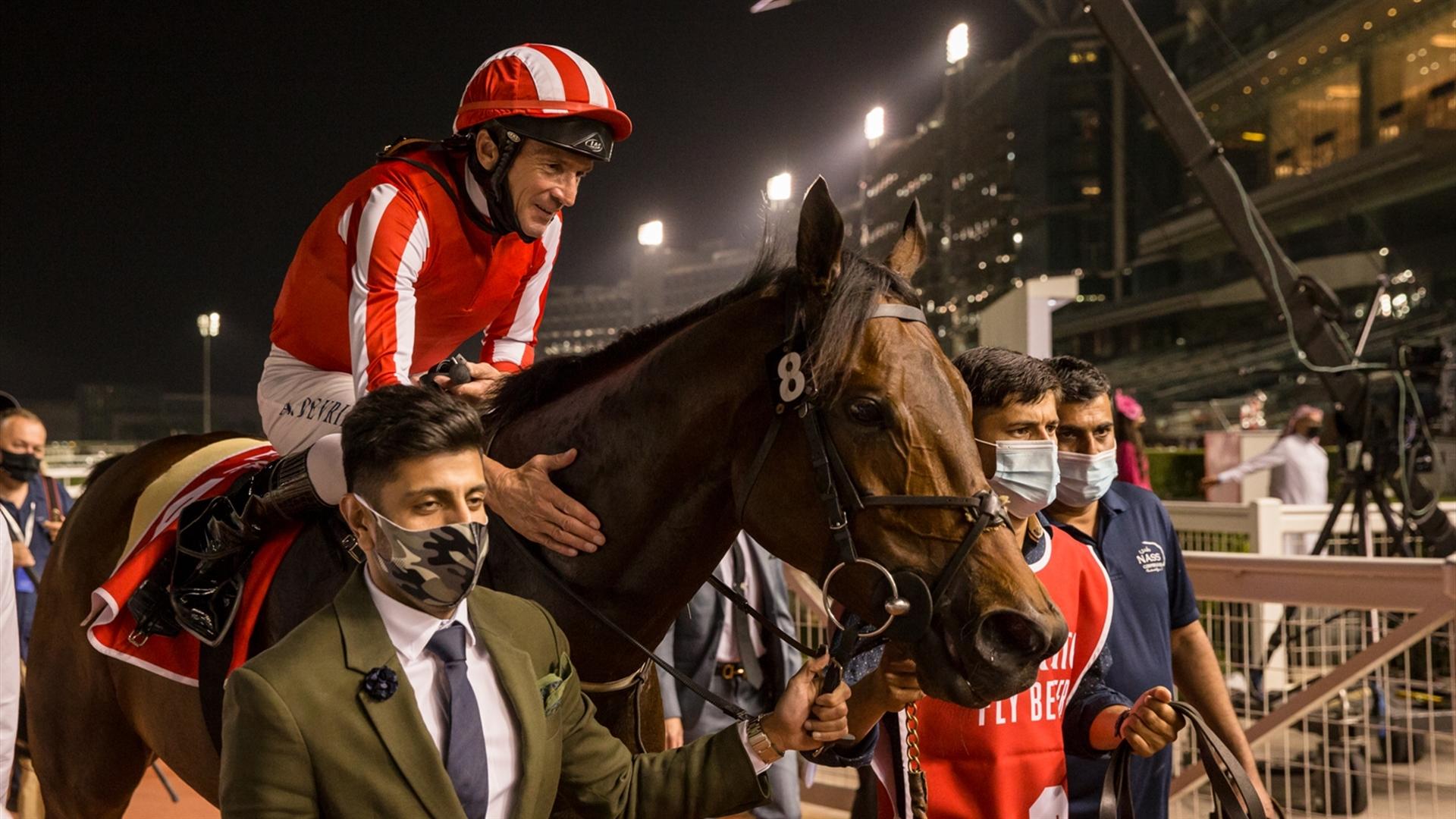 Salute the Soldier (GER)(Fawzi Nass-Adrie De Vries) wins the Al Maktoum Challenge R3 Sponsored By Emirates Airline at the Super Saturday, seventh DWCC on March 06, 2021. (Credit: Erika Rasmussen//DRC)