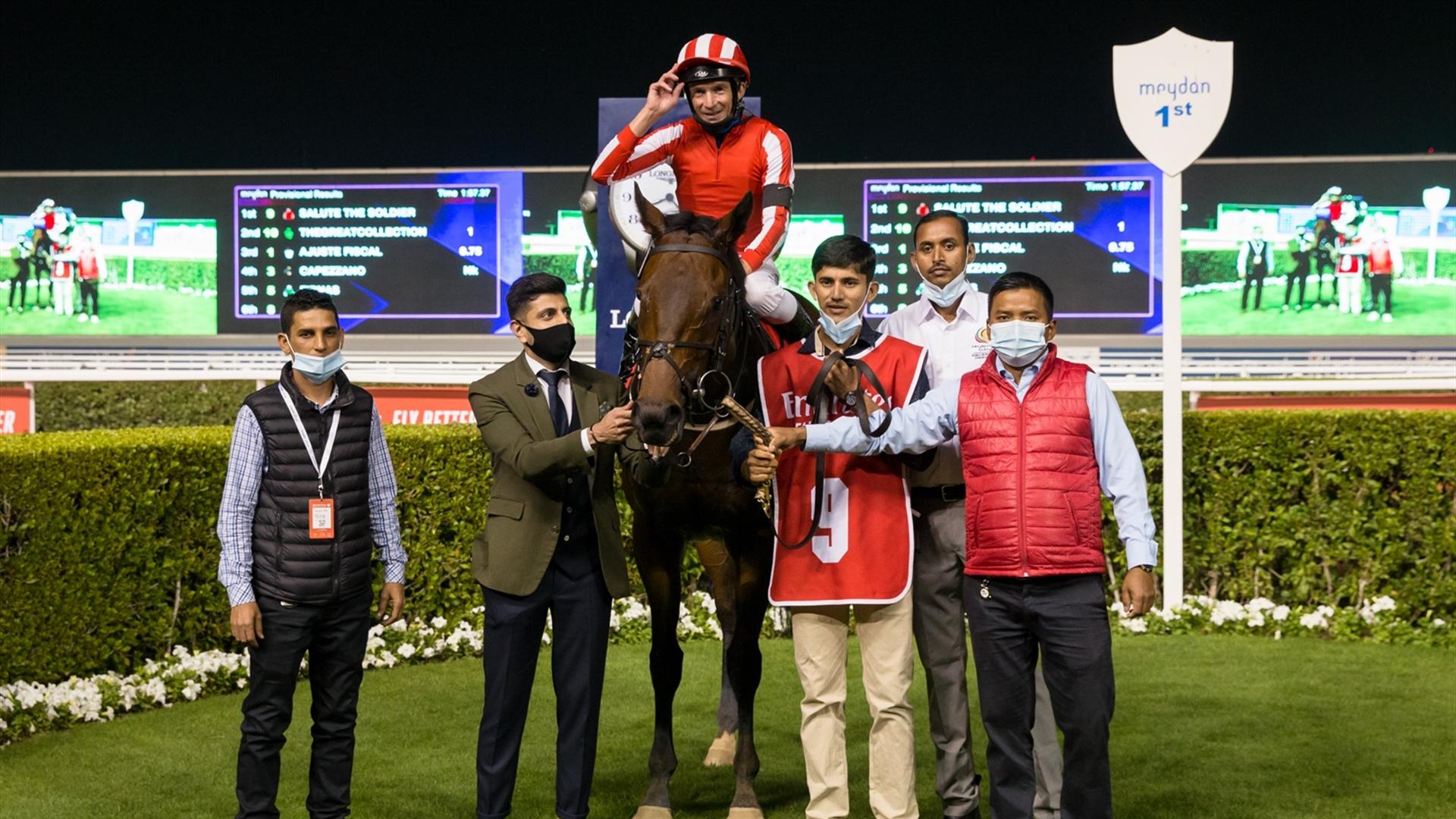Salute The Soldier (GER) wins the Group 2, 1900m, Al Maktoum Challenge (Round 2) Sponsored By Emirates Airline at the fourth DWCC on February 11, 2021. (Credit: Erika Rasmussen//Dubai Racing Club)