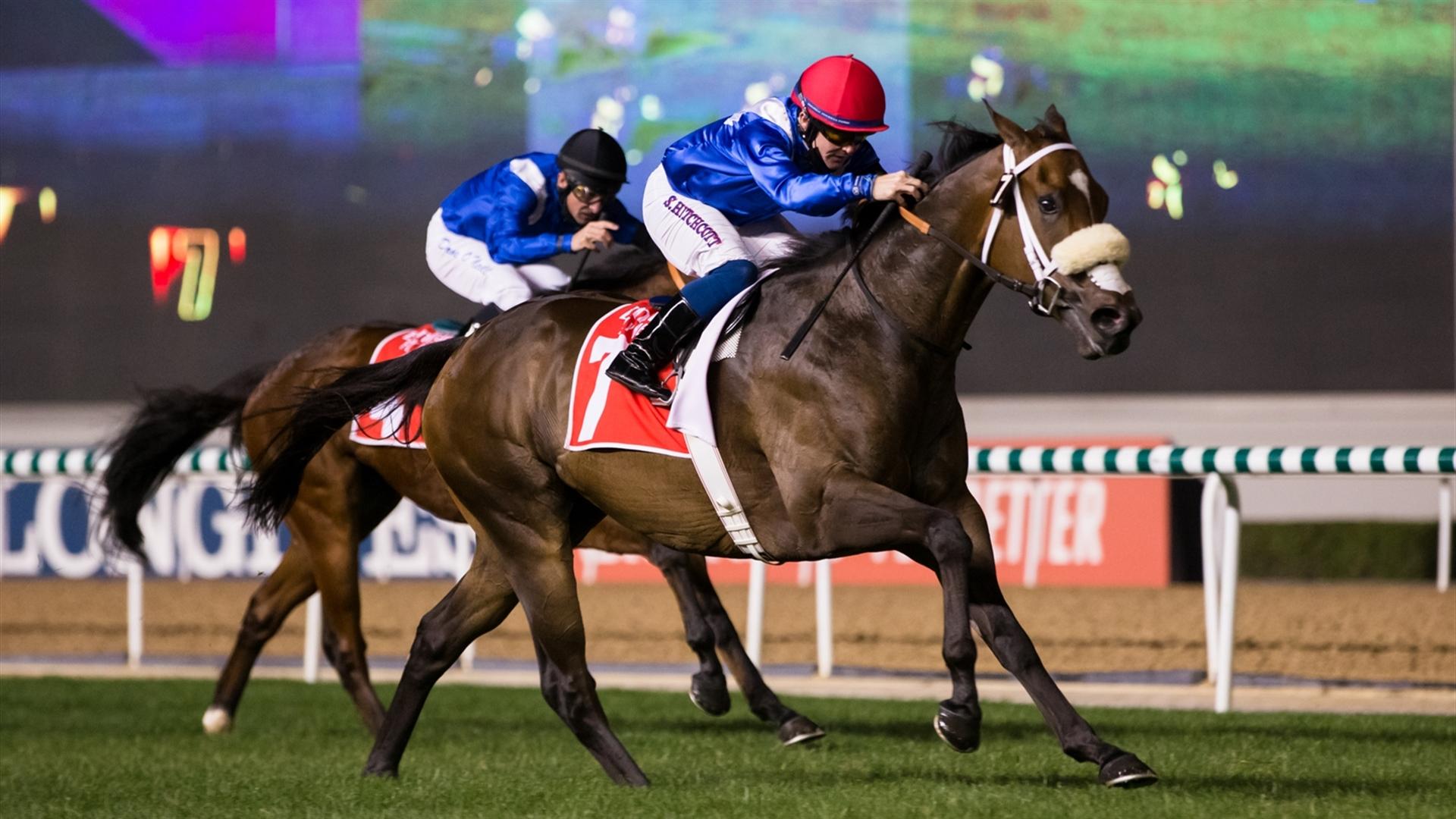 Motafaawit (IRE) (Doug Watson - Sam Hitchcott) wins the Emirates Skywards Handicap, 1000m race at the fourth Dubai World Cup Carnival on February 11, 2021. (Credit:Erika Rasmussen//Dubai Racing Club)