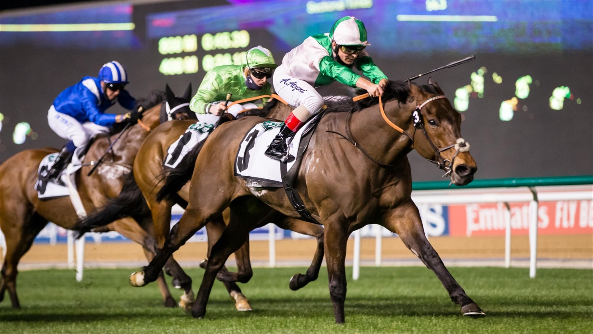 Equilateral(GB) (Charles Hills-Andrea Atzeni) wins the Meydan Sprint Sponsored By Land Rover, Group 2 race at the Fifth Dubai World Cup Carnival on February 18, 2021. (Credit: Erika Rasmussen//DRC)