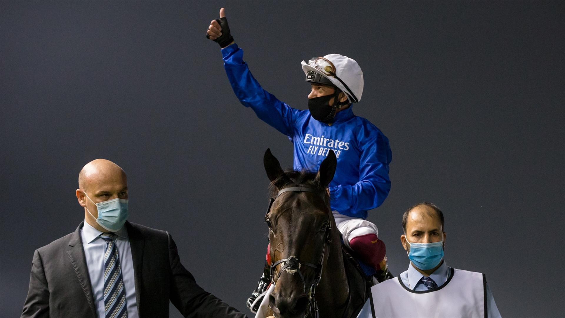 Volcanic Sky(GB)(Saeed bin Suroor-Lanfranco Dettori) wins the Nad Al Sheba Trophy Sponsored By Gulf News race at the Sixth Dubai World Cup Carnival on February 25, 2021. (Credit: Erika Rasmussen//DRC)