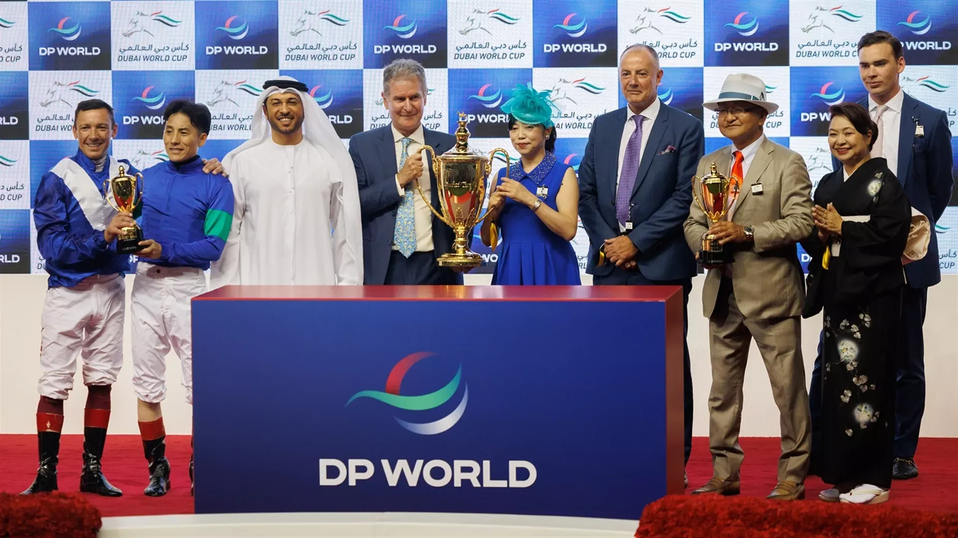Lord North (IRE) (John Gosden) / Panthalassa (JPN) (Yoshito Yahagi)  Presentation joint winners of the Dubai Turf Sponsored By DP World (Credit - DRC) - 260322