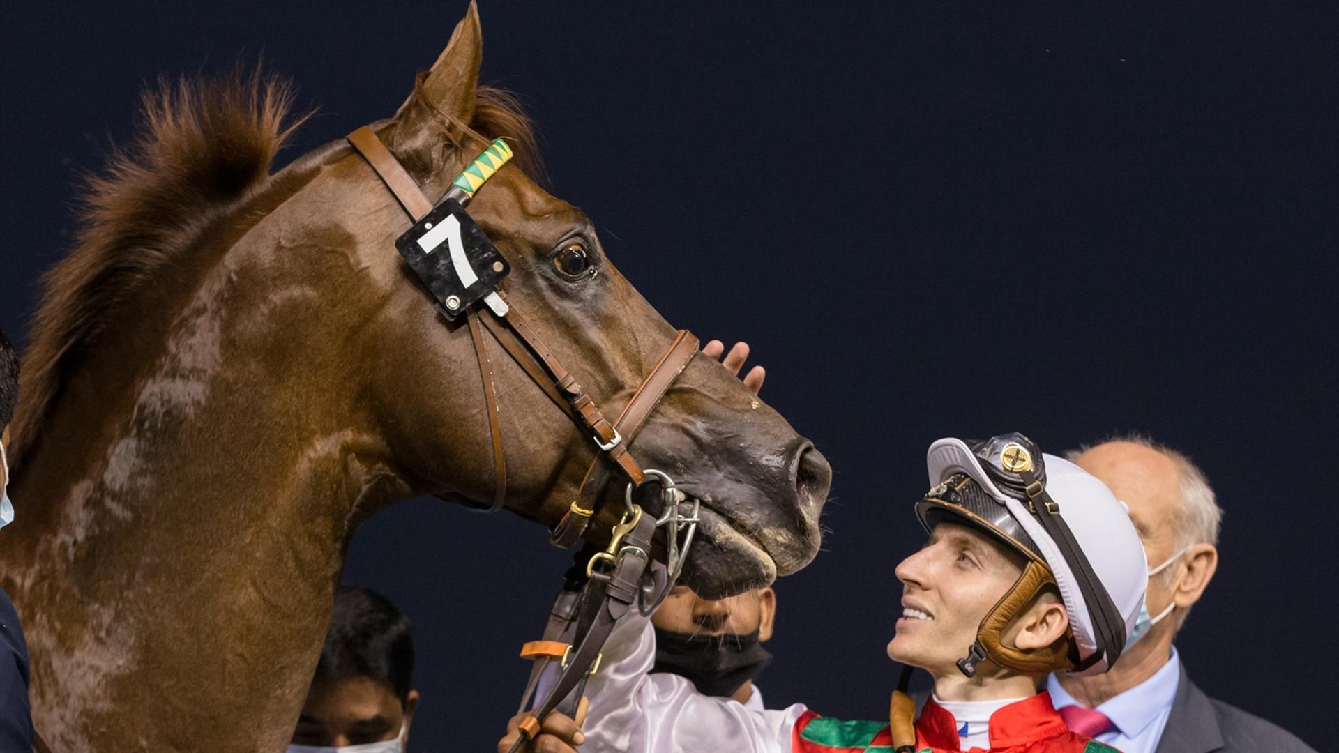 Brraq (FR) (Jean-Claude Pecout - Ryan Curatolo) wins the PA, Al Maktoum Challenge R3 Sponsored By gnfocus, race at the Sixth Dubai World Cup Carnival on February 25, 2021.(Credit:Erika Rasmussen//DRC)