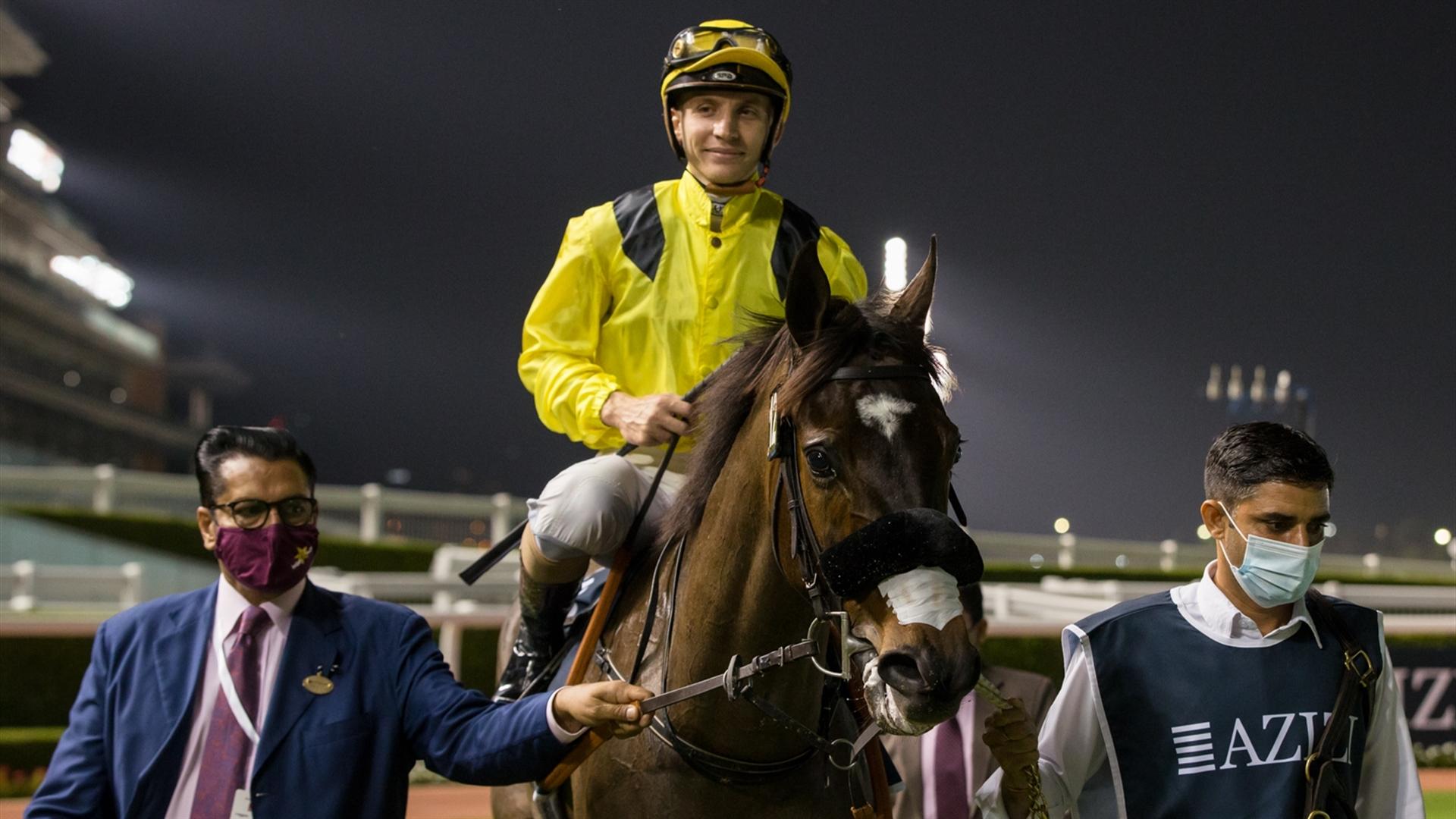 Sharamm (IRE)(Satish Seemar - Ryan Curatolo) the Al Furjan By Azizi - 1400m, handicap dirt race at the tenth Racing at Meydan meeting on March 11, 2021. (Credit: Dubai Racing Club // Erika Rasmussen)