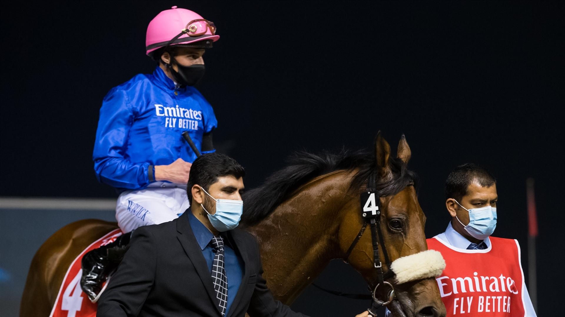 Star Safari(GB) (Charlie Appleby - William Buick) wins the Emirates SkyCargo, Handicap 2410m turf race, at the fourth Dubai World Cup Carnival on February 11, 2021. (Credit: Erika Rasmussen//DRC)