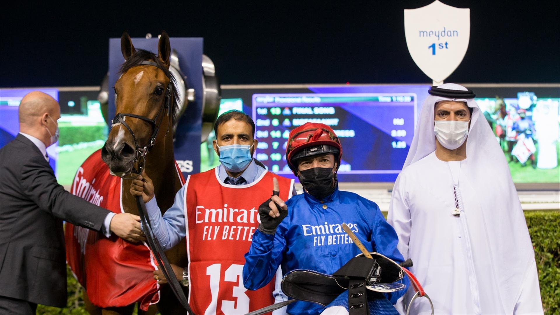 Final Song (IRE) (Saeed Bin Suroor-Lanfranco Dettori) wins the Nad Al Sheba Turf Sprint Sponsored By emirates.com, at the Super Saturday, seventh DWCC on March 06, 2021. (Credit: Erika Rasmussen//DRC)
