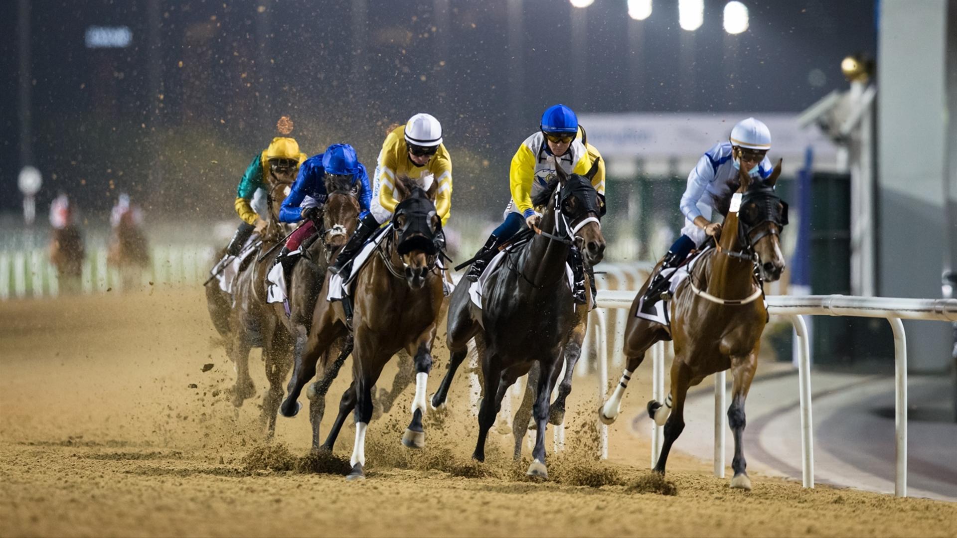 Mnasek (USA) (Doug Watson - Patrick Dobbs) wins the UAE Oaks Sponsored By New Jaguar F-Type at the Fifth Dubai World Cup Carnival on February 18, 2021. (Credit: Erika Rasmussen//Dubai Racing Club)