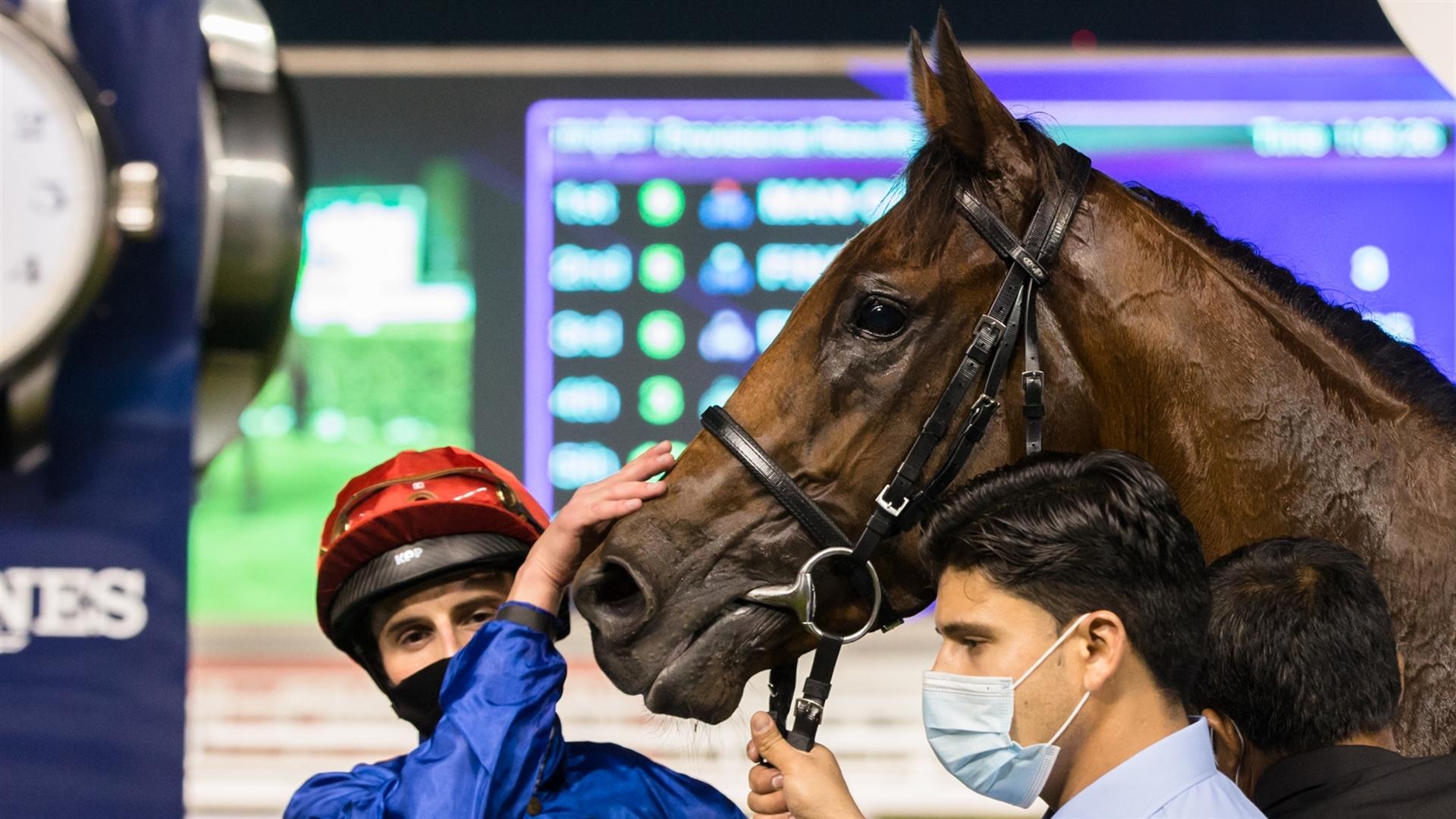 Man of Promise (USA) (Charlie Appleby - William Buick) wins the Dubai Sprint Sponsored By JAFZA, Listed Handicap, 1200m race at the third DWCC on February 4, 2021. (Credit: Erika Rasmussen//DRC)