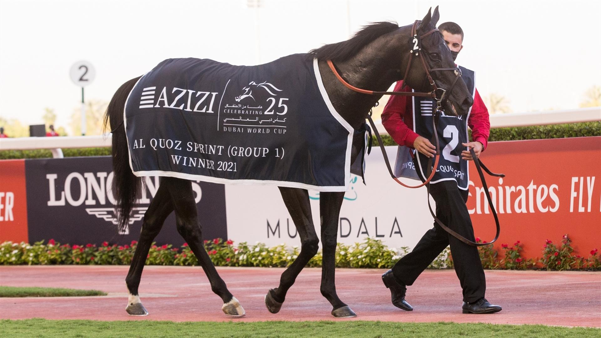Extravagant Kid (USA) (Brendan Walsh - Ryan Moore) wins the Al Quoz Sprint Sponsored By Azizi Developments. (Credit Dubai Racing Club // Erika Rasmussen)