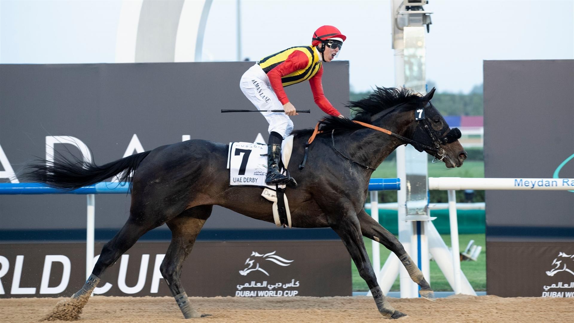 Crown Pride (JPN) wins the UAE Derby (Credit - DRC) - 260322