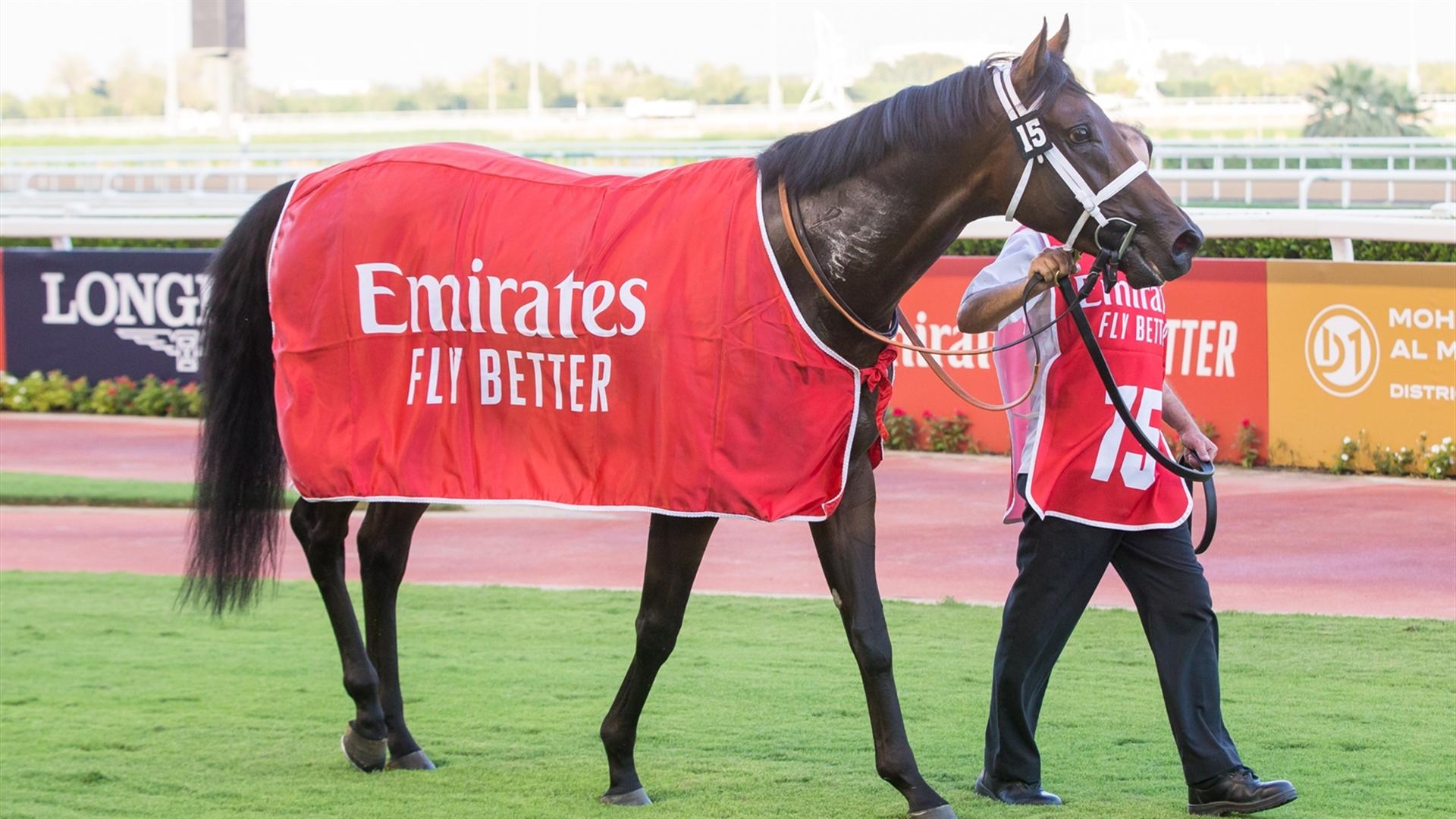 McManaman (IRE) (Doug Watson - Sam Hitchott) wins the Emirates Stakes Sponsored By Emirates Airline race at the Eleventh Racing at Meydan meeting on April 8, 2021. (Credit: DRC // Erika Rasmussen)