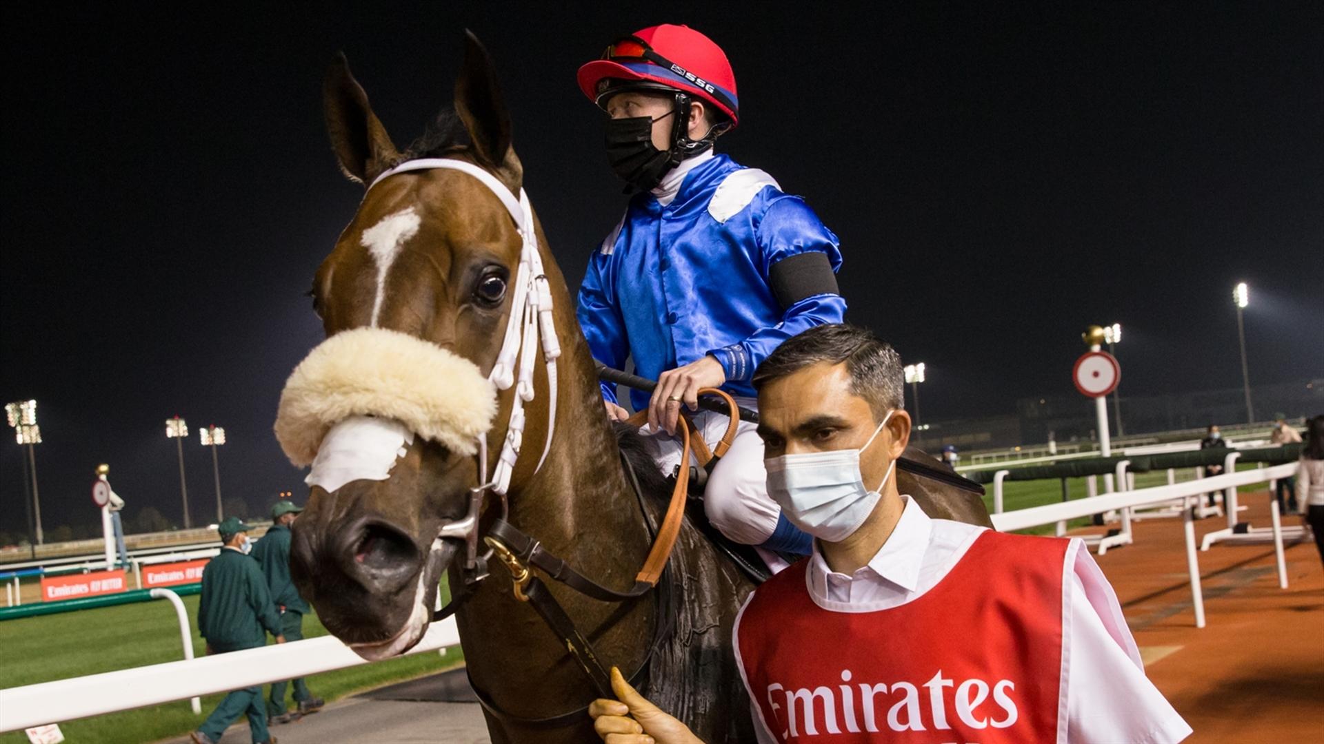 Motafaawit (IRE) (Doug Watson - Sam Hitchcott) wins the Emirates Skywards Handicap, 1000m race at the fourth Dubai World Cup Carnival on February 11, 2021. (Credit:Erika Rasmussen//Dubai Racing Club)