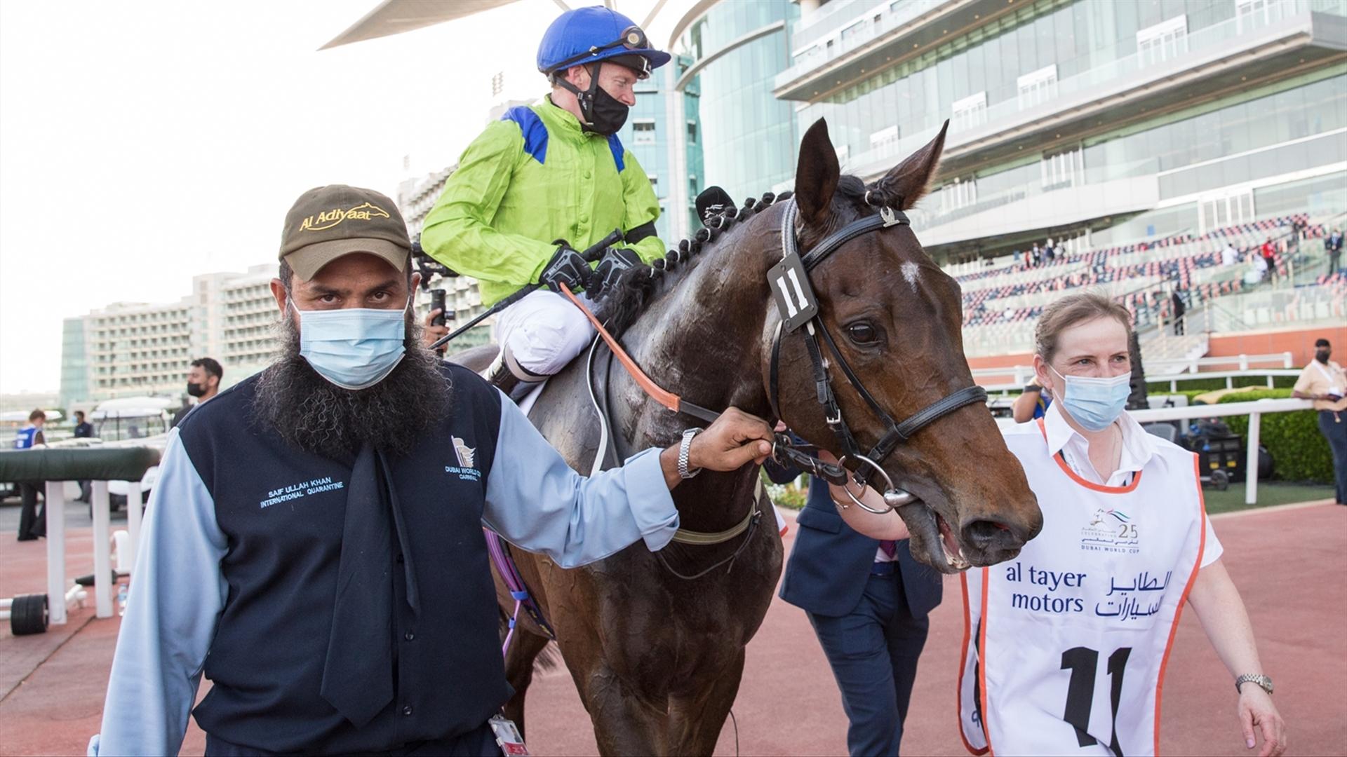 Subjectivist (GB) (Mark Johnson - Joe Fanning) wins the Dubai Gold Cup Sponsored By Al Tayer Motors (Credit: Dubai Racing Club // Erika Rasmussen)