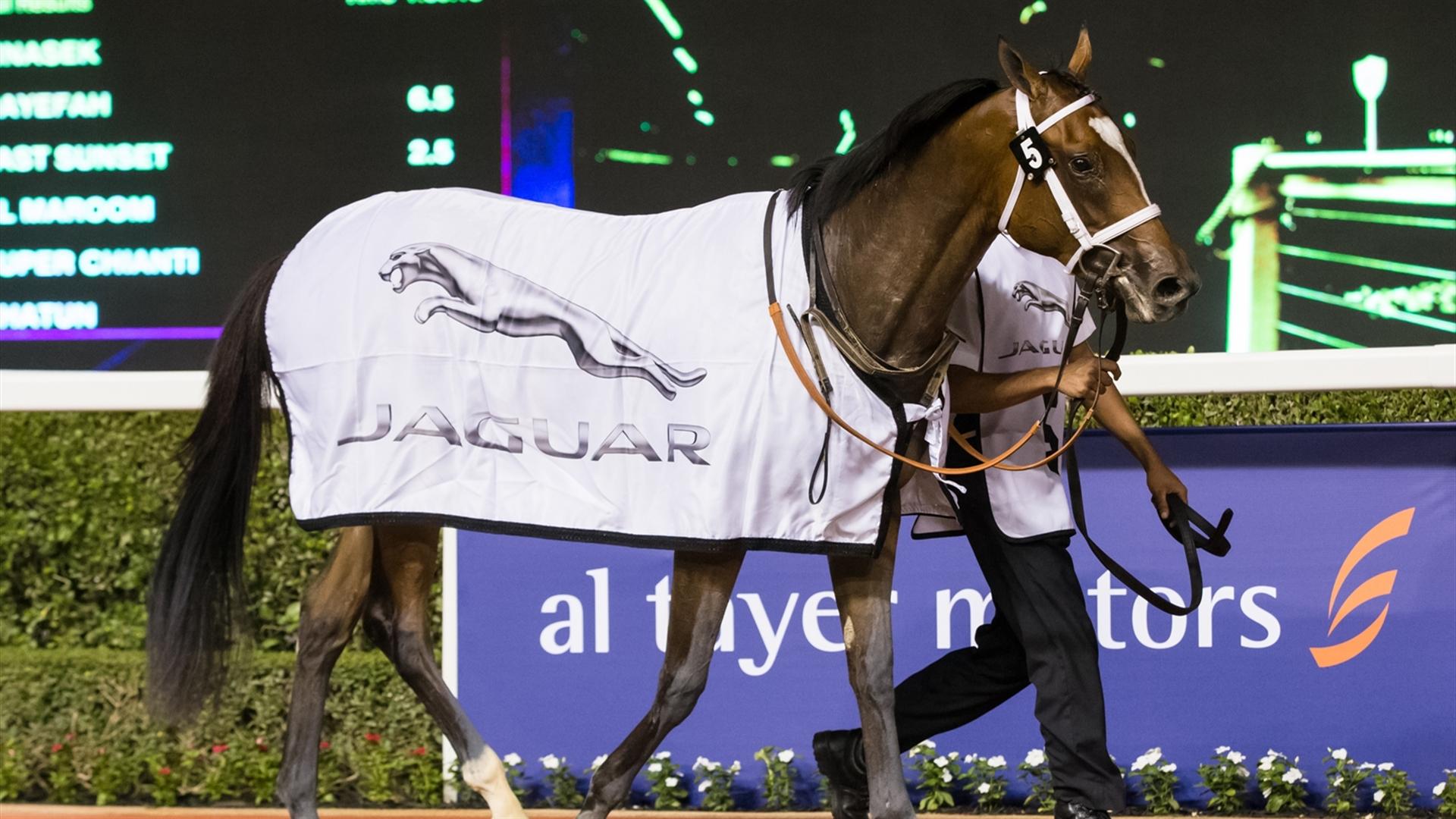 Mnasek (USA) (Doug Watson - Patrick Dobbs) wins the UAE Oaks Sponsored By New Jaguar F-Type at the Fifth Dubai World Cup Carnival on February 18, 2021. (Credit: Erika Rasmussen//Dubai Racing Club)