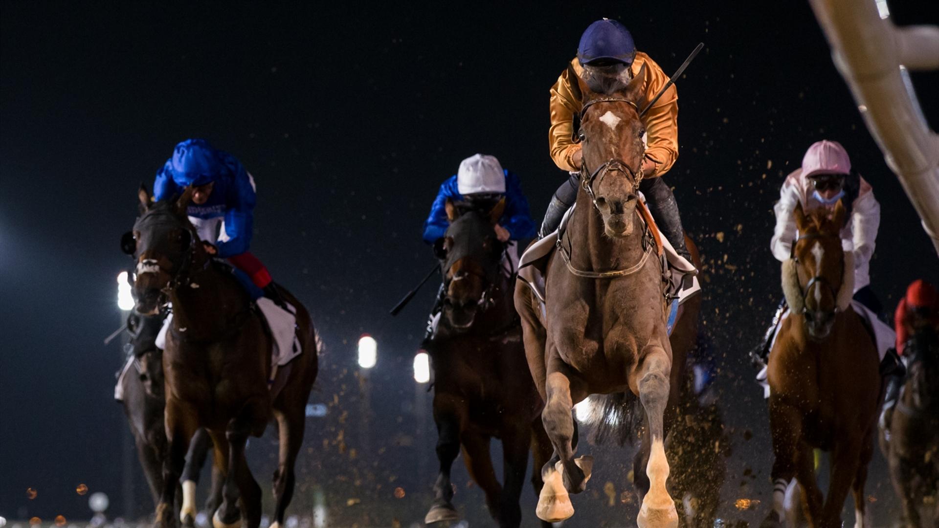 New Trails (USA) (Ahmad bin Harmash - Fernando Jara) wins the Curlin Stakes Sponsored By New Jaguar F-Pace at the Fifth Dubai World Cup Carnival on February 18, 2021. (Credit: Erika Rasmussen//DRC)