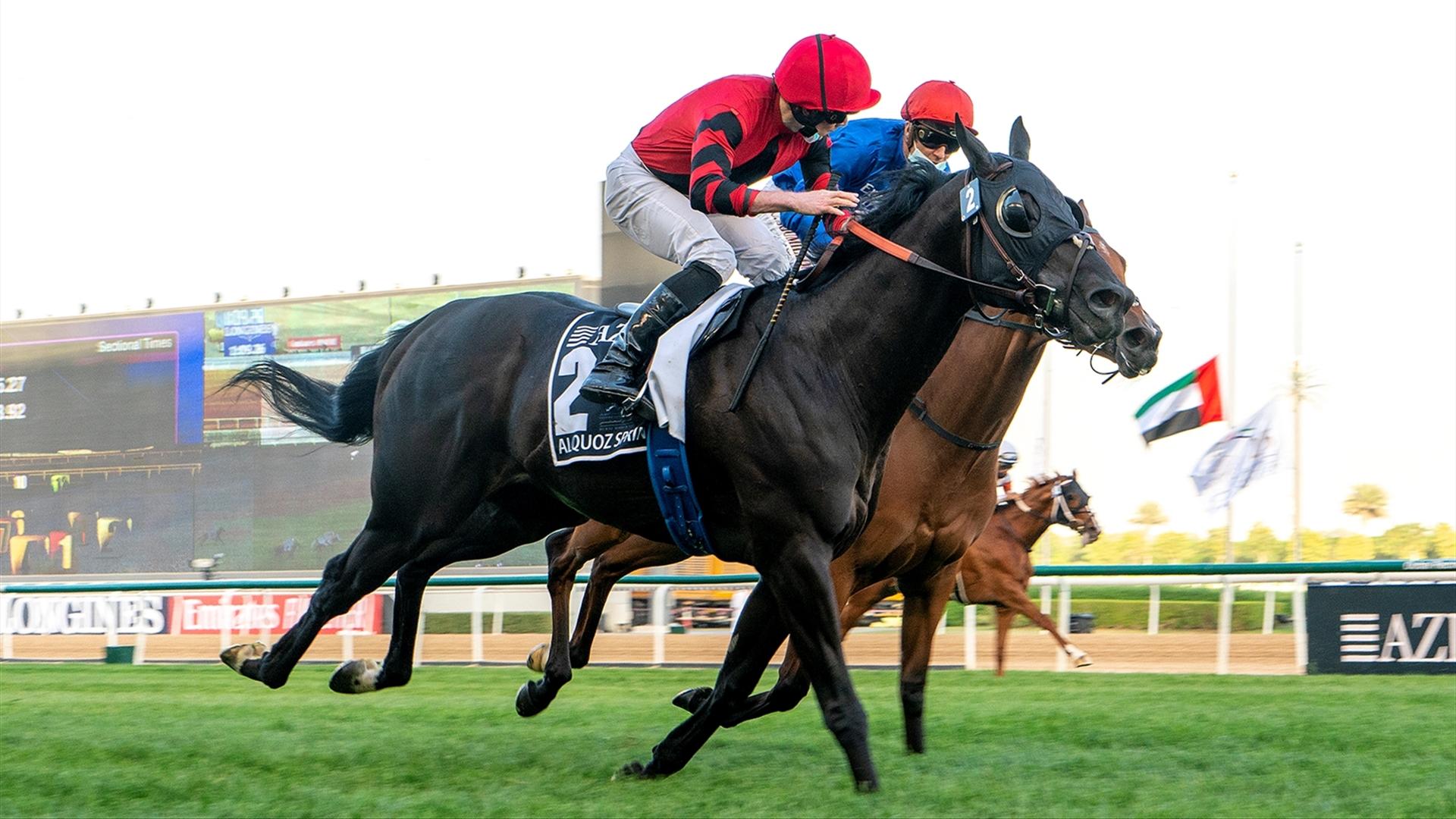 Extravagant Kid (USA) (Brendan Walsh - Ryan Moore) wins the Al Quoz Sprint Sponsored By Azizi Developments. (Credit Dubai Racing Club // Mathea Kelly)