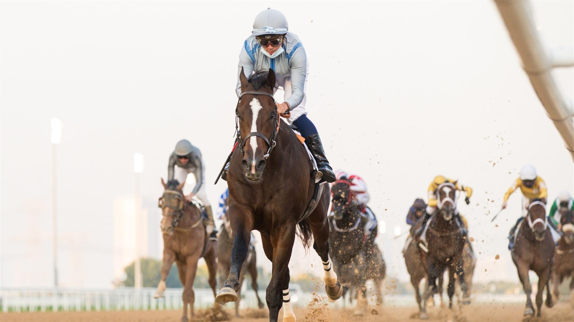 Panadol (USA) (Salem bin Ghadayer - Mickael Barzalona) wins the Longines Spirit Collection Mile - 1600m race at the ninth Racing at Meydan meeting on February 13, 2021. (Credit:DRC//Erika Rasmussen)