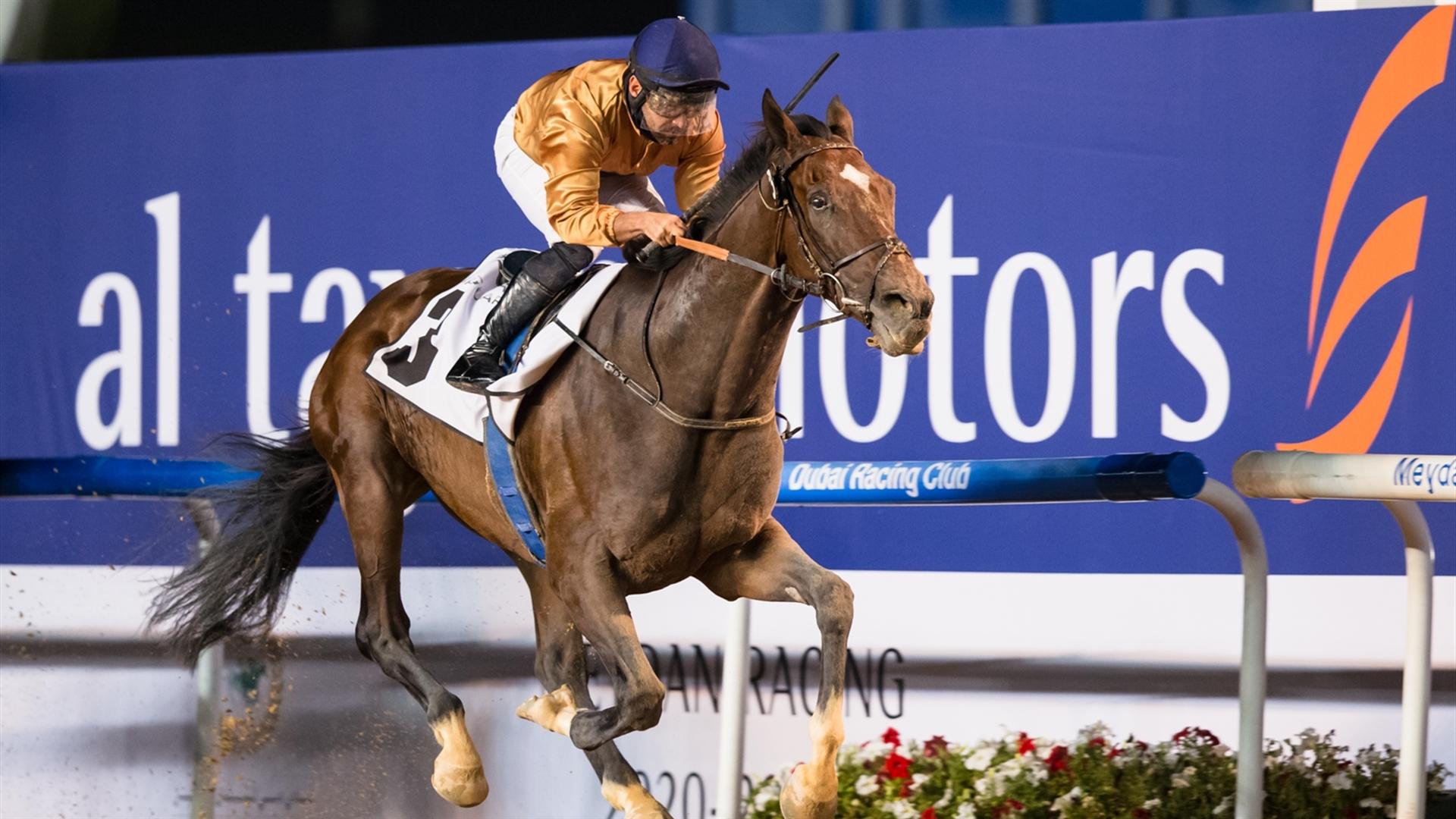New Trails (USA) (Ahmad bin Harmash - Fernando Jara) wins the Curlin Stakes Sponsored By New Jaguar F-Pace at the Fifth Dubai World Cup Carnival on February 18, 2021. (Credit: Erika Rasmussen//DRC)