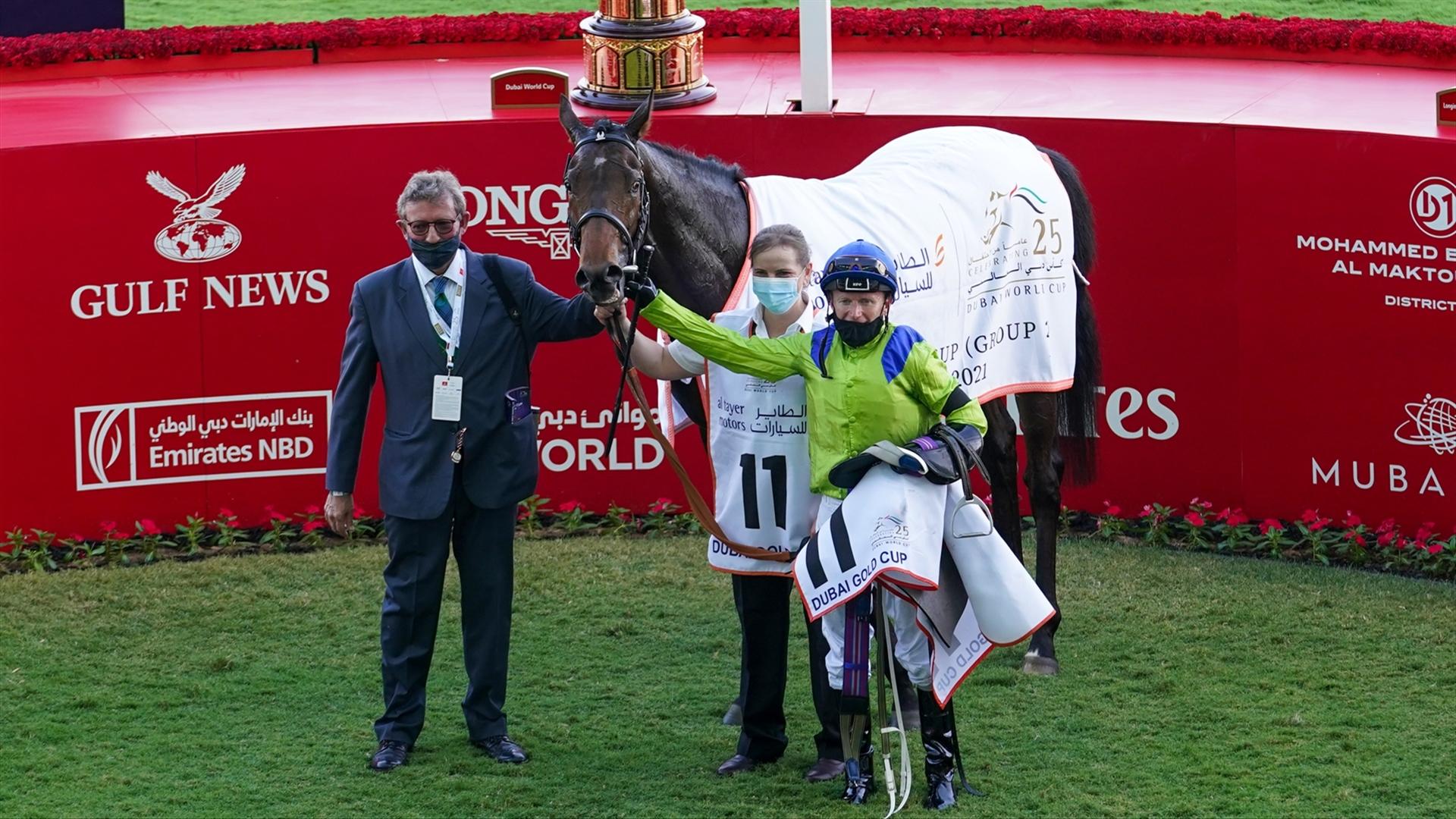 Subjectivist (GB) (Mark Johnson - Joe Fanning) wins the Dubai Gold Cup Sponsored By Al Tayer Motors (Credit: Dubai Racing Club)