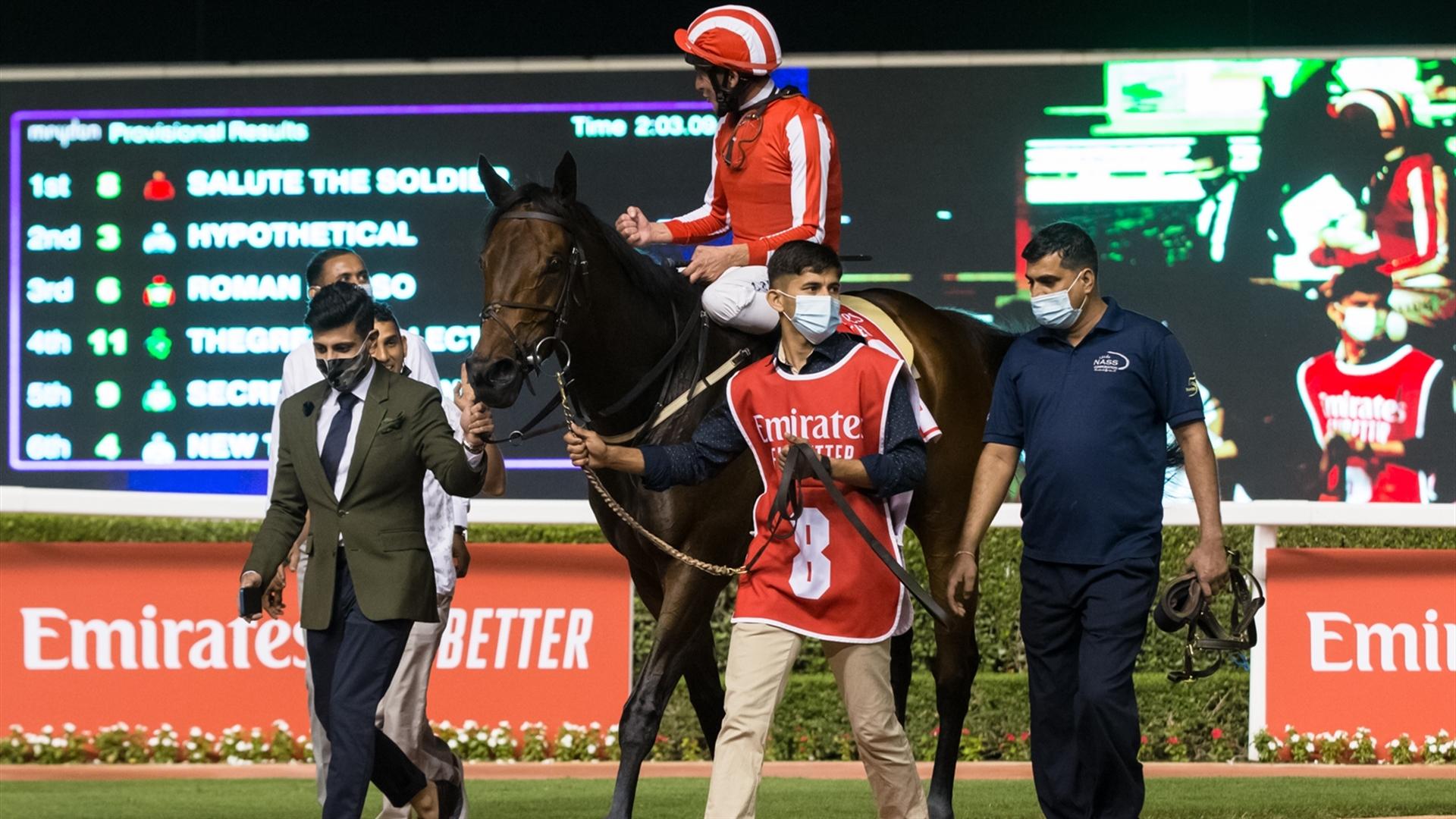 Salute the Soldier (GER)(Fawzi Nass-Adrie De Vries) wins the Al Maktoum Challenge R3 Sponsored By Emirates Airline at the Super Saturday, seventh DWCC on March 06, 2021. (Credit: Erika Rasmussen//DRC)