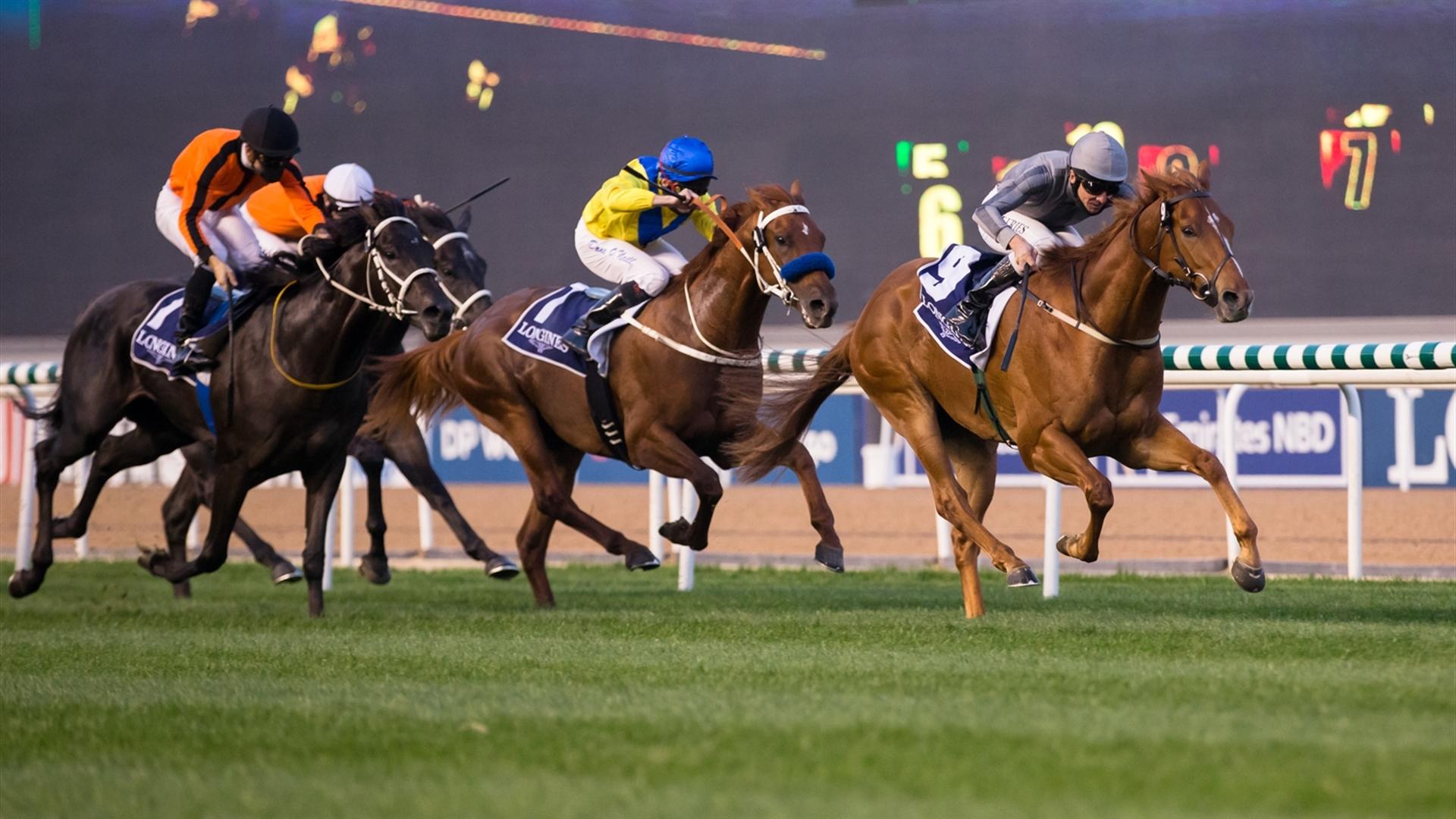 Mayehaab (GB) (Fawzi Nass - Adrie De Vries) wins the Longines Spirit Collection Turf  - 1400m, race at the ninth Racing at Meydan meeting on February 13, 2021. (Credit: DRC // Erika Rasmussen)