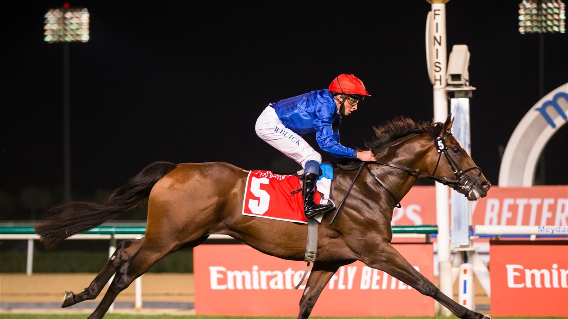 Secret Protector (USA) (Charlie Appleby - William Buick) wins the Meydan Trophy Sponsored By Emirates Holidays, Conditions race at the fourth DWCC on February 11, 2021. (Credit: Erika Rasmussen//DRC)