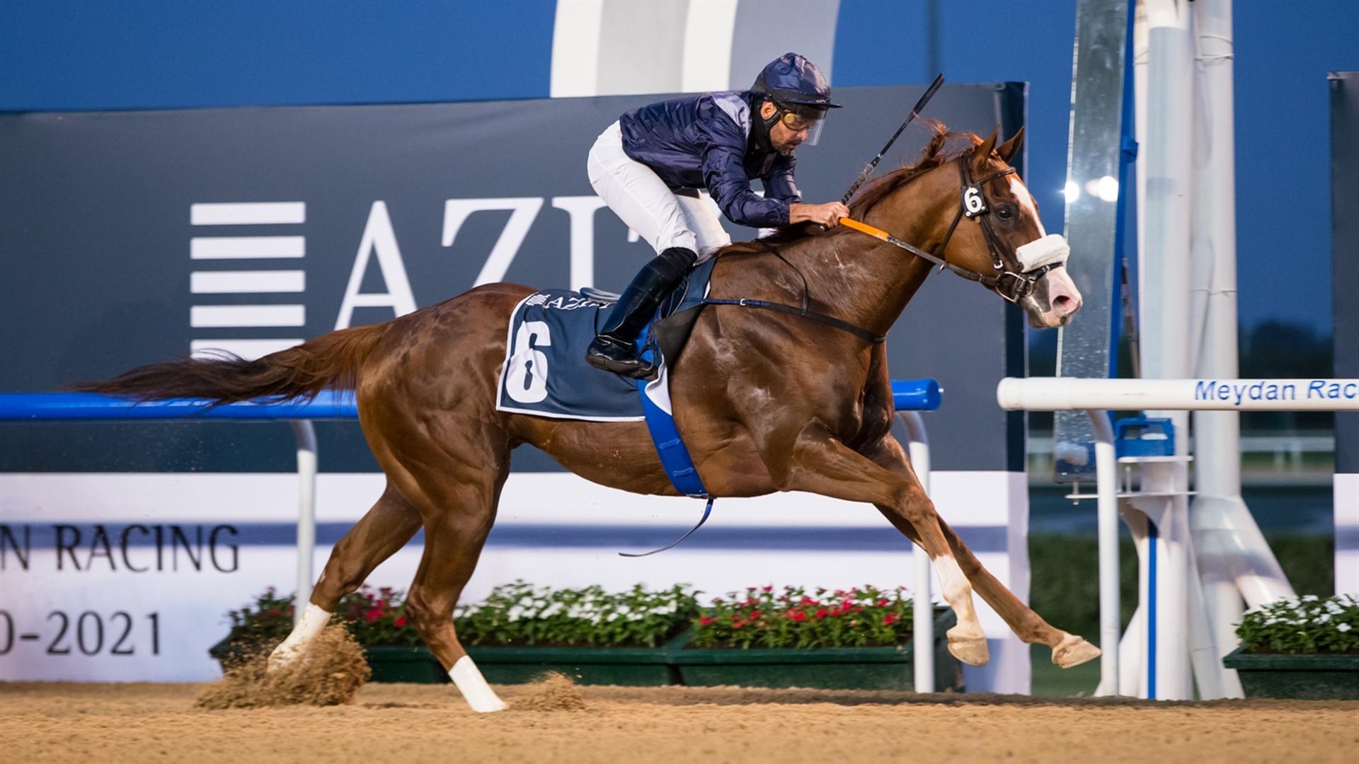 Major Cinnamon USA (Mujeeb Rahman - Fernando Jara) wins the Berton By Azizi - 1200m, dirt race at the tenth Racing at Meydan meeting on March 11, 2021. (Credit: Dubai Racing Club // Erika Rasmussen)