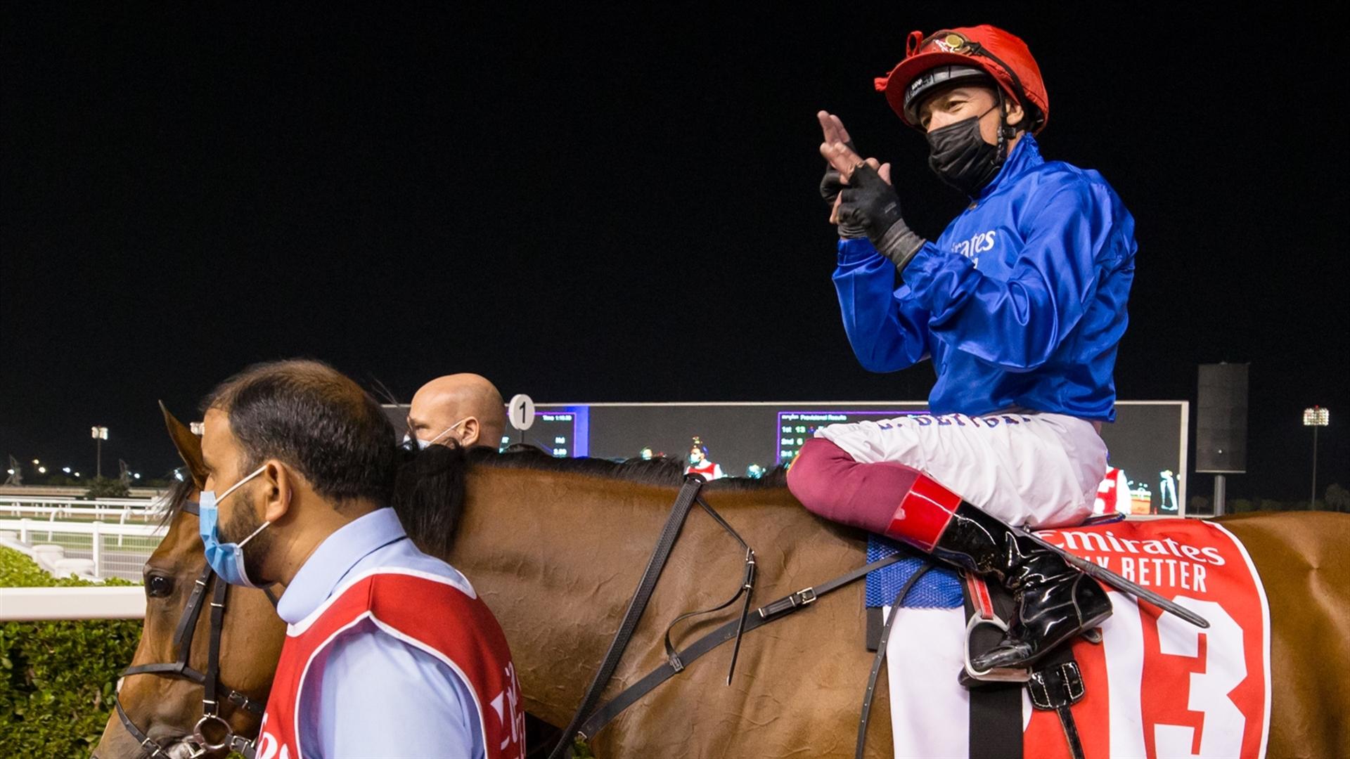 Final Song (IRE) (Saeed Bin Suroor-Lanfranco Dettori) wins the Nad Al Sheba Turf Sprint Sponsored By emirates.com, at the Super Saturday, seventh DWCC on March 06, 2021. (Credit: Erika Rasmussen//DRC)