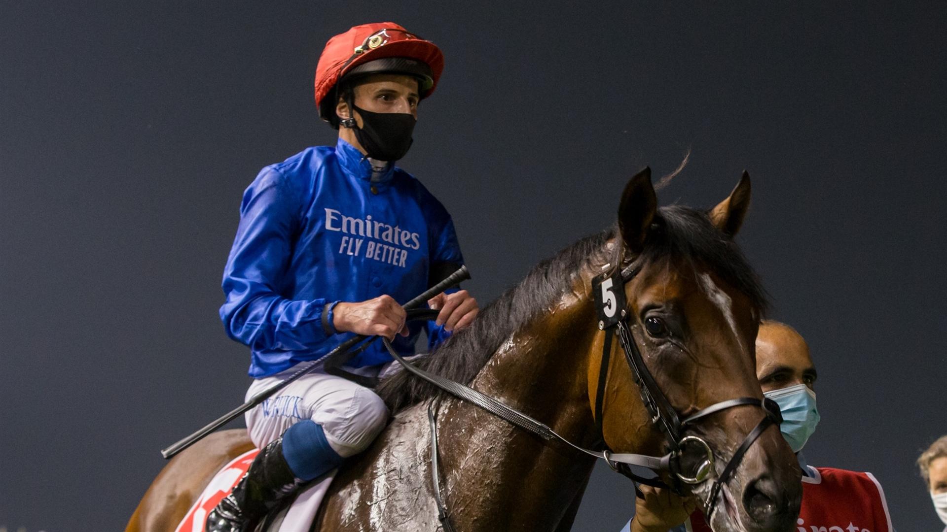 Secret Protector (USA) (Charlie Appleby - William Buick) wins the Meydan Trophy Sponsored By Emirates Holidays, Conditions race at the fourth DWCC on February 11, 2021. (Credit: Erika Rasmussen//DRC)