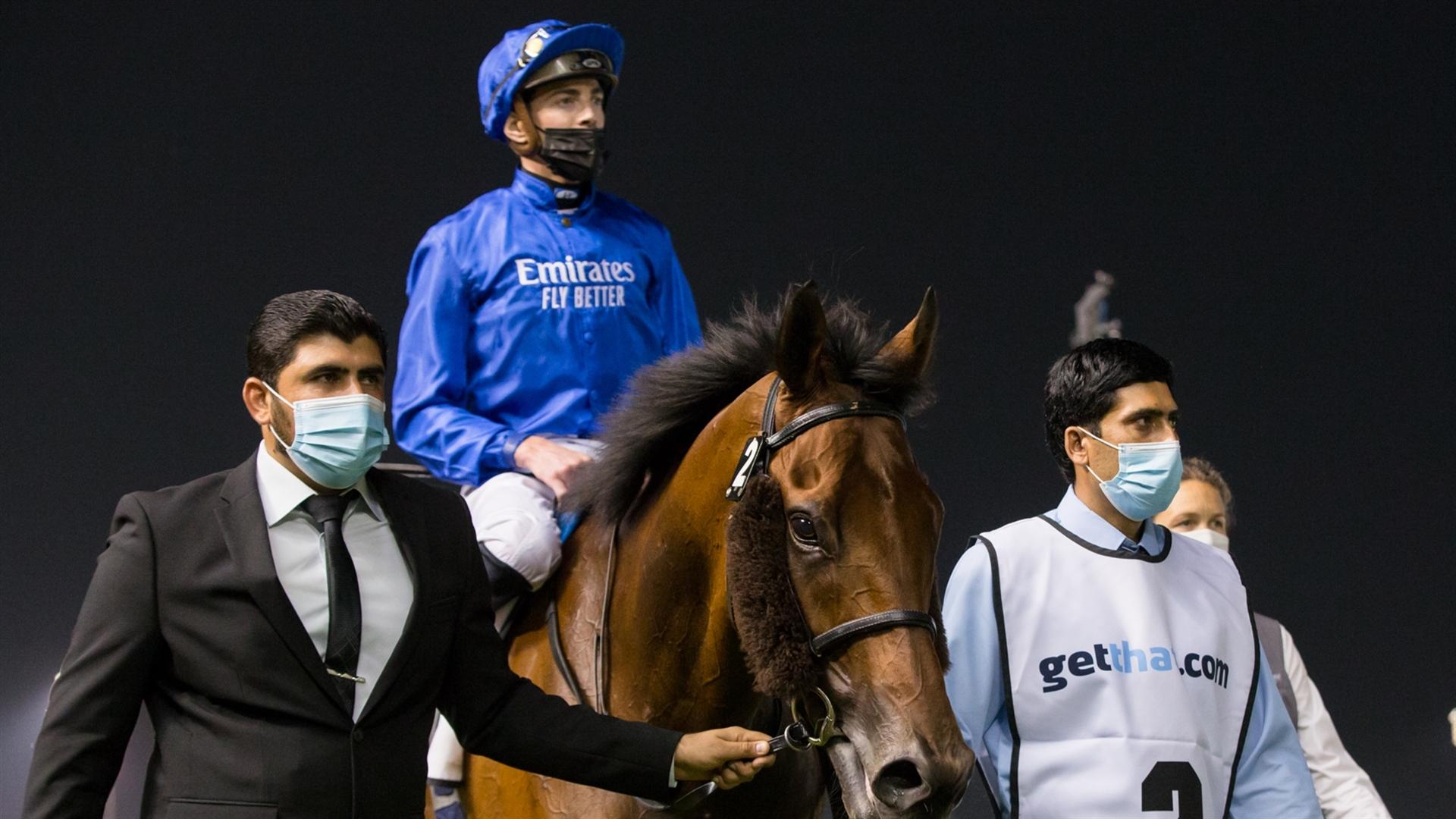 Bright Melody (IRE) (Charlie Appleby - James Doyle) wins the getthat.com, 1800m Handicap race at the Sixth Dubai World Cup Carnival on February 25, 2021. (Credit: Erika Rasmussen//Dubai Racing Club)