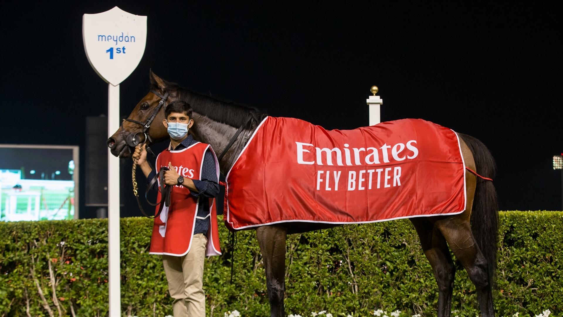 Salute The Soldier (GER) wins the Group 2, 1900m, Al Maktoum Challenge (Round 2) Sponsored By Emirates Airline at the fourth DWCC on February 11, 2021. (Credit: Erika Rasmussen//Dubai Racing Club)